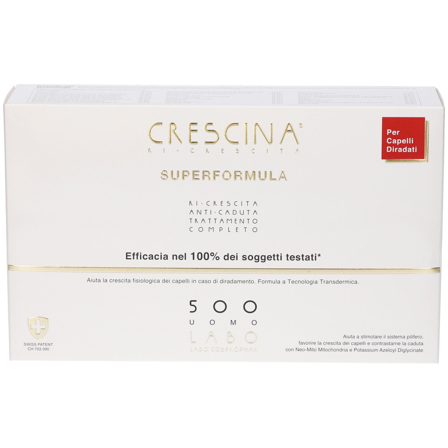 Scatola Crescina Super Formula. Bianca con testo dorato. Contiene 500 Uomo Labo. Etichetta rossa: Per Capelli Diradati.