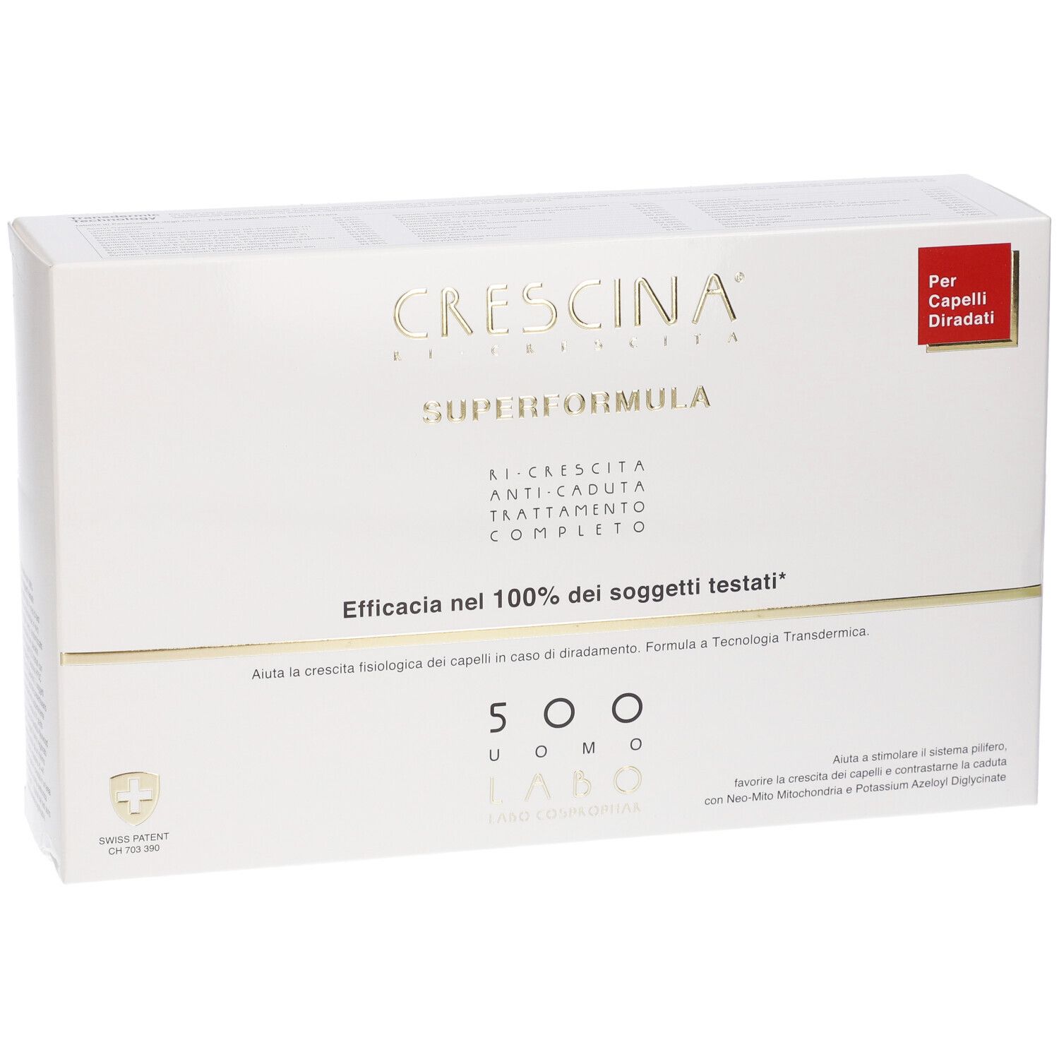 Scatola Crescina Super Formula. Bianca con testo dorato. Contiene 500 Uomo Labo. Etichetta rossa: Per Capelli Diradati.