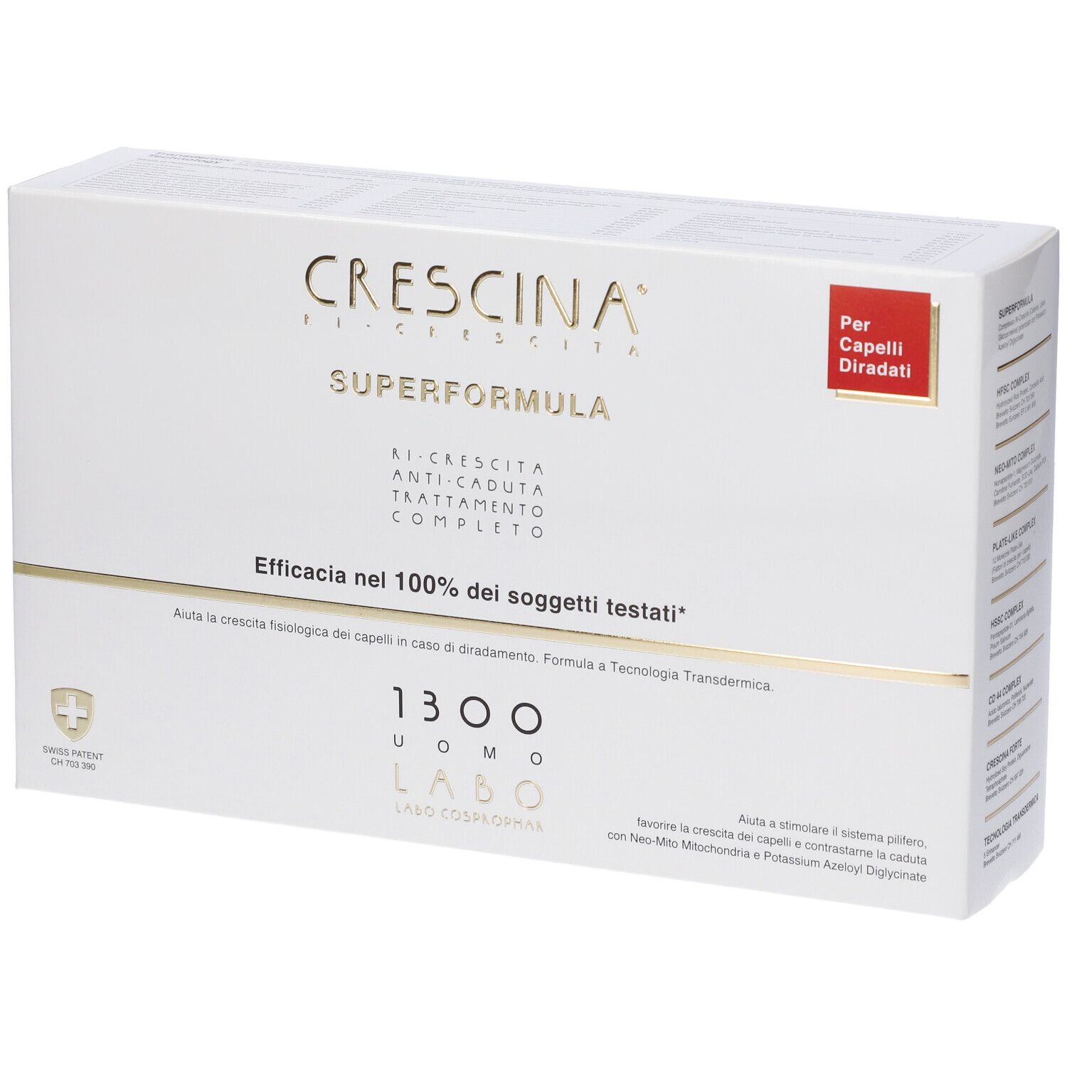 Confezione bianca con testo dorato. Crescina Superformula, 1300 Uomo, per capelli diradati. Etichetta rossa.