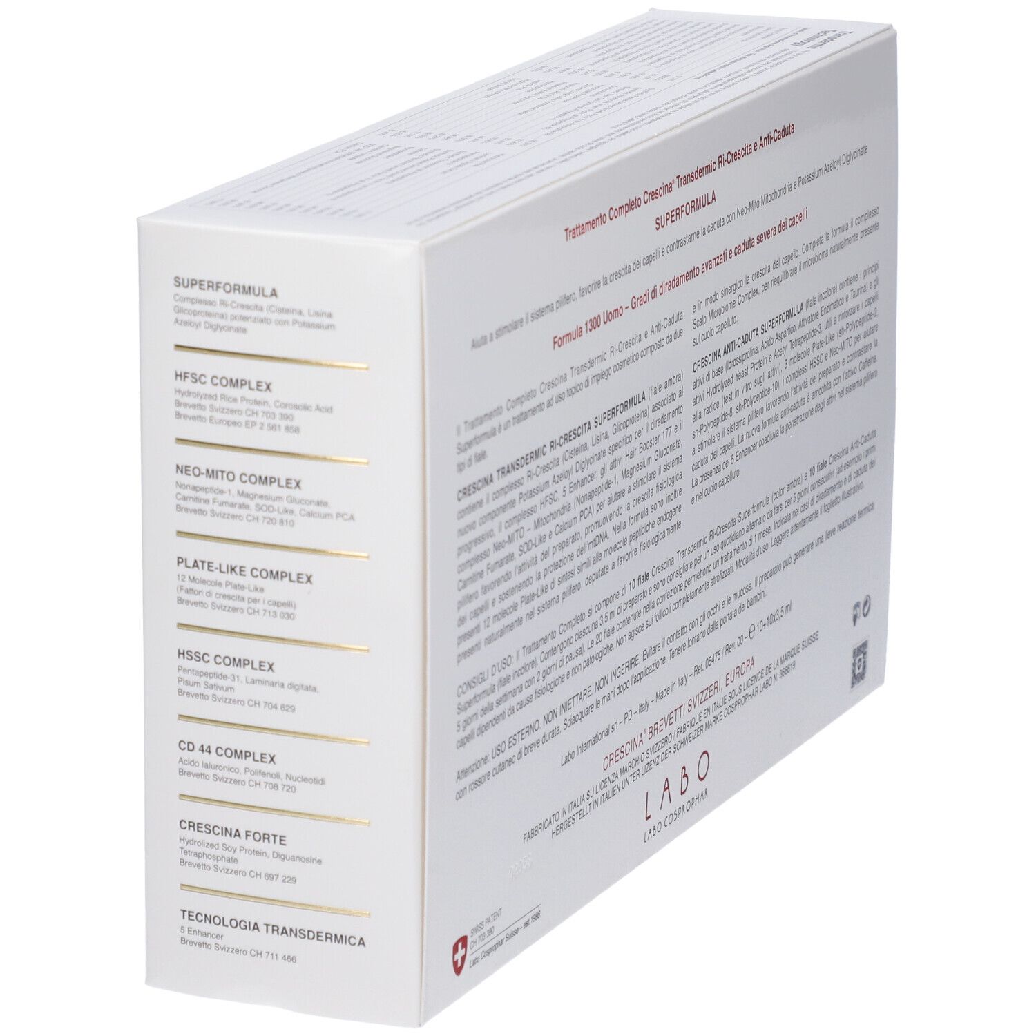 Confezione bianca angolata. Testo: Crescina, Superformula, 1300 Uomo. Ingredienti.