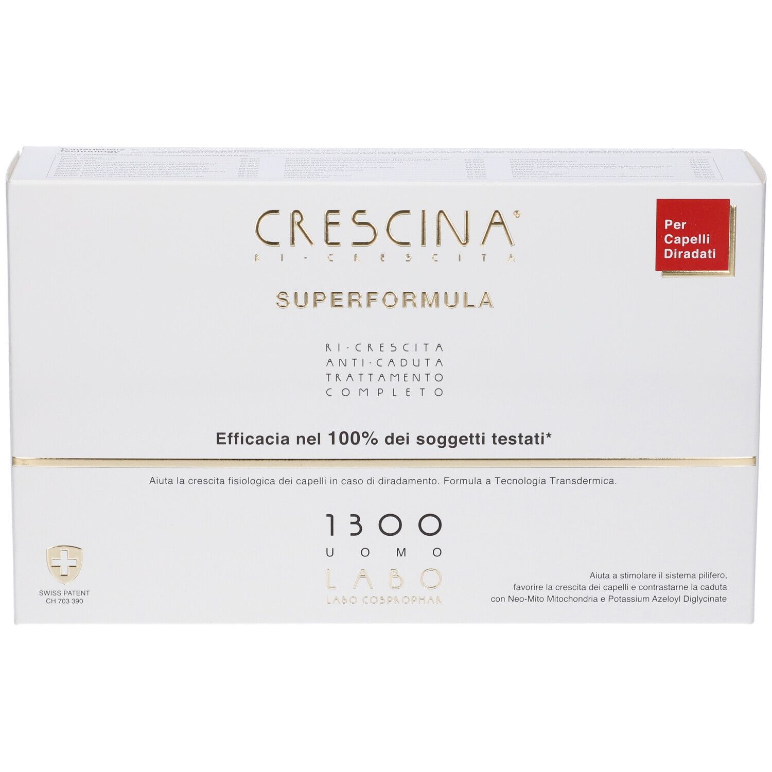 Confezione bianca con testo dorato. Crescina Superformula, 1300 Uomo, per capelli diradati. Etichetta rossa.