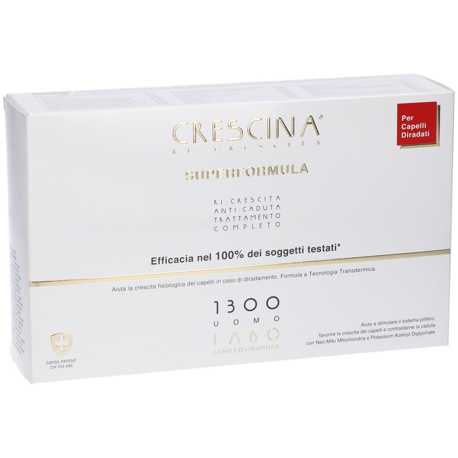 Confezione bianca con testo dorato. Crescina Superformula, 1300 Uomo, per capelli diradati. Etichetta rossa.