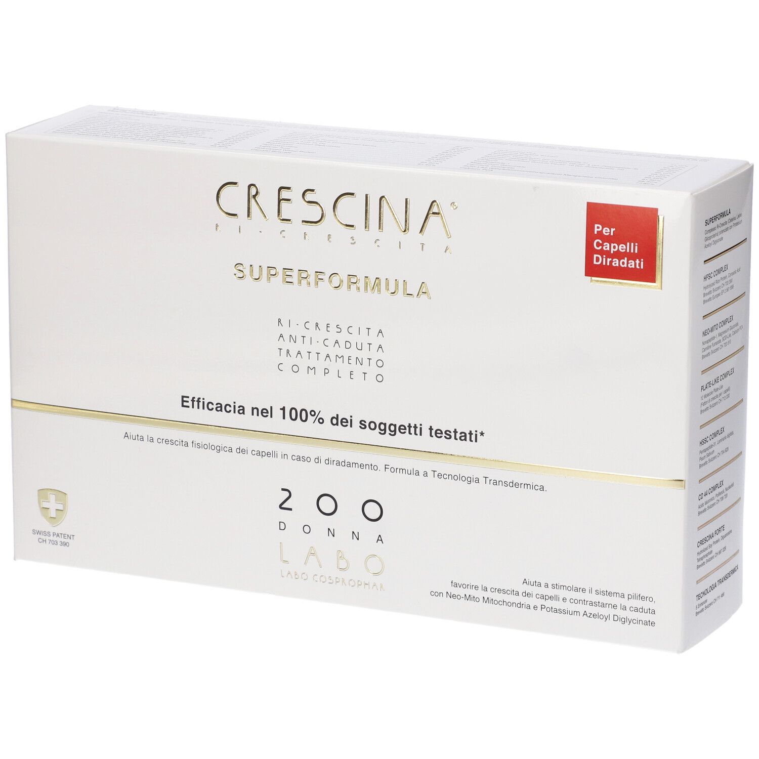 Confezione Crescina Super Formula 200 Donna. Scatola bianca con nome prodotto ed etichetta rossa.
