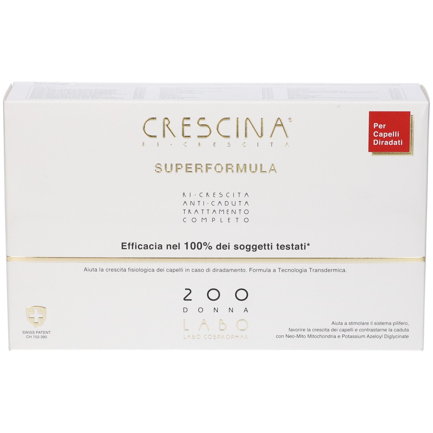 Confezione Crescina Super Formula 200 Donna. Scatola bianca con nome prodotto ed etichetta rossa.