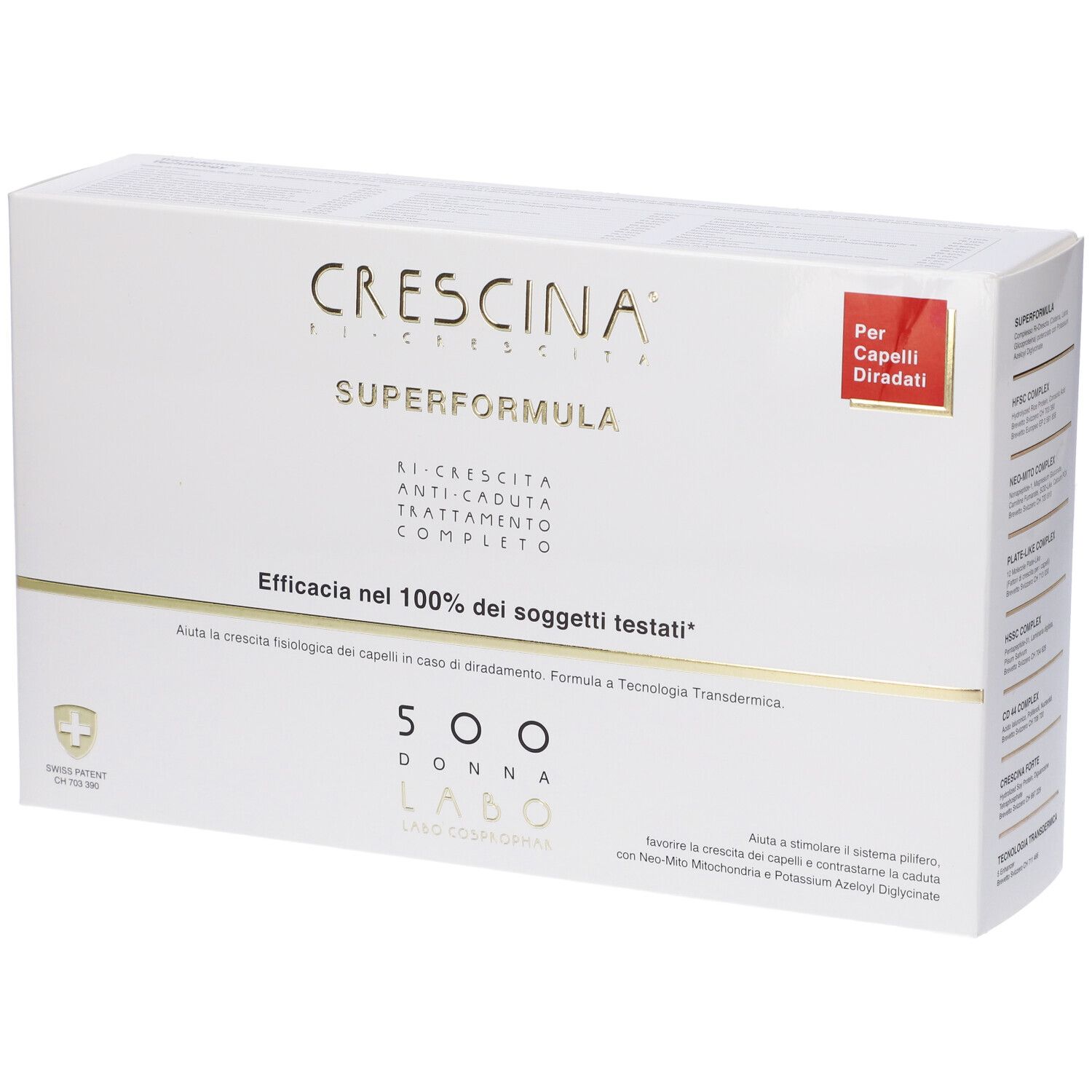 Confezione Crescina Super Formula 500 Donna. Bianca, oro. Testo: Superformula, 500 Donna. Per capelli diradati.