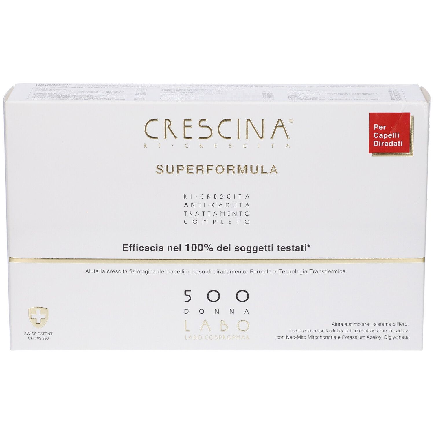 Confezione Crescina Super Formula 500 Donna. Bianca, oro. Testo: Superformula, 500 Donna. Per capelli diradati.