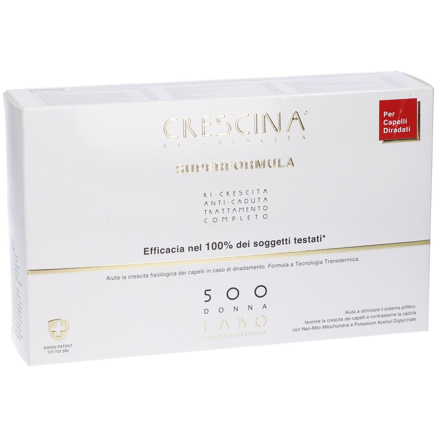 Confezione Crescina Super Formula 500 Donna. Bianca, oro. Testo: Superformula, 500 Donna. Per capelli diradati.