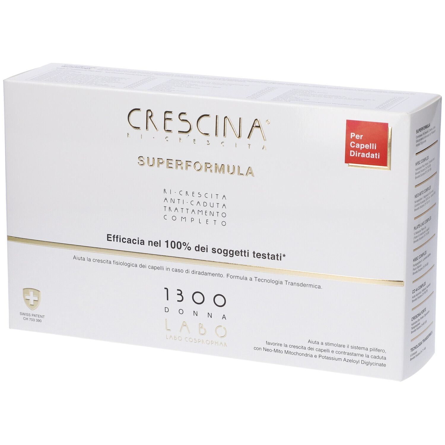 Confezione bianca con testo dorato. Scritta: Crescina Superformula 1300 Donna. Per capelli diradati.