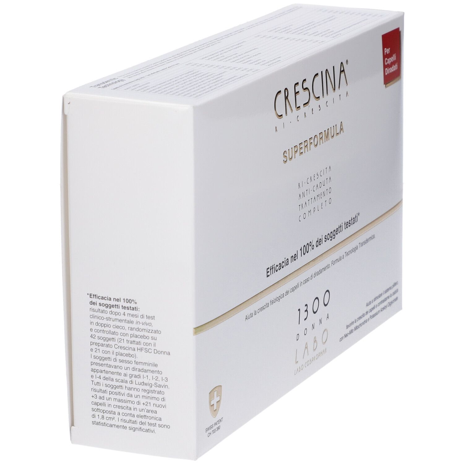 Confezione bianca inclinata. Scritta: Crescina Superformula 1300 Donna. Per capelli diradati. Testo in italiano.