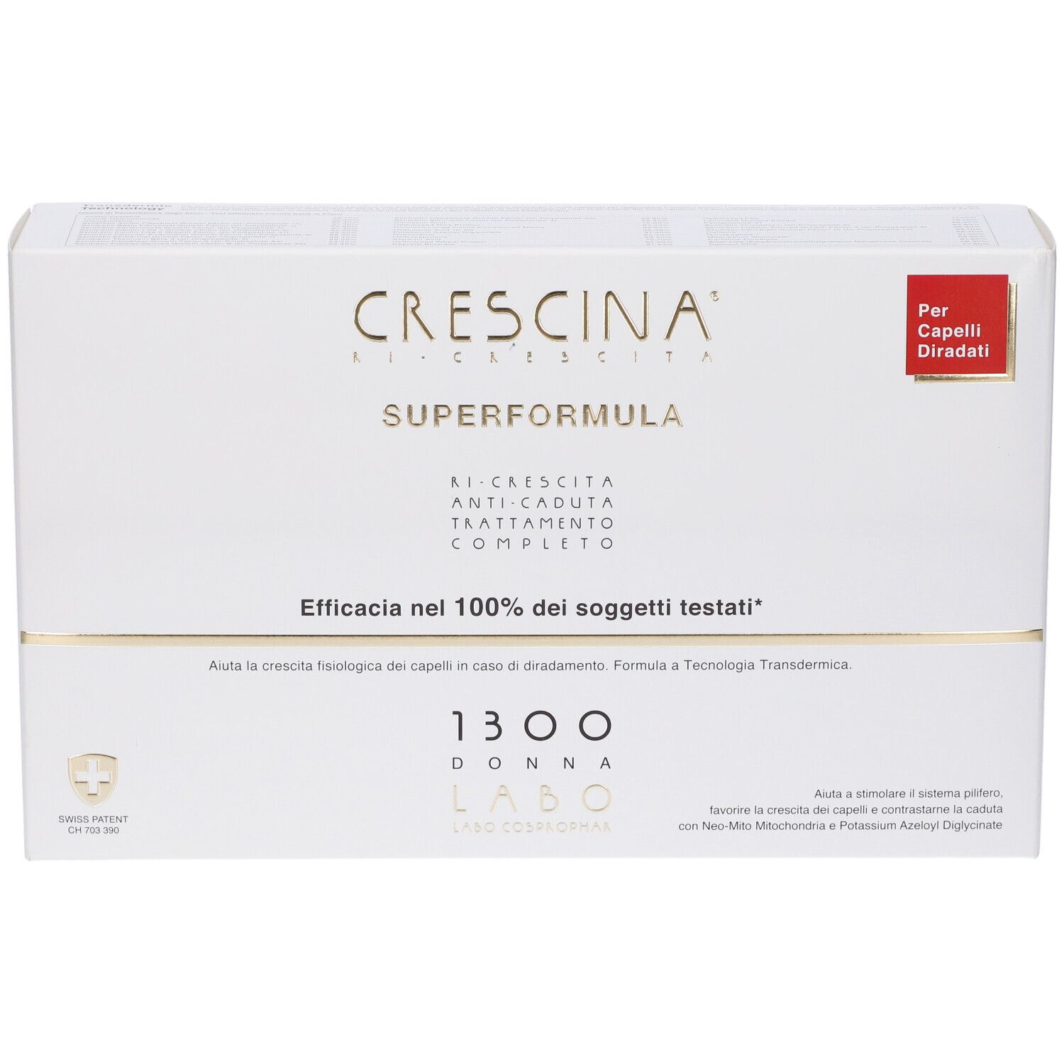 Confezione bianca con testo dorato. Scritta: Crescina Superformula 1300 Donna. Per capelli diradati.