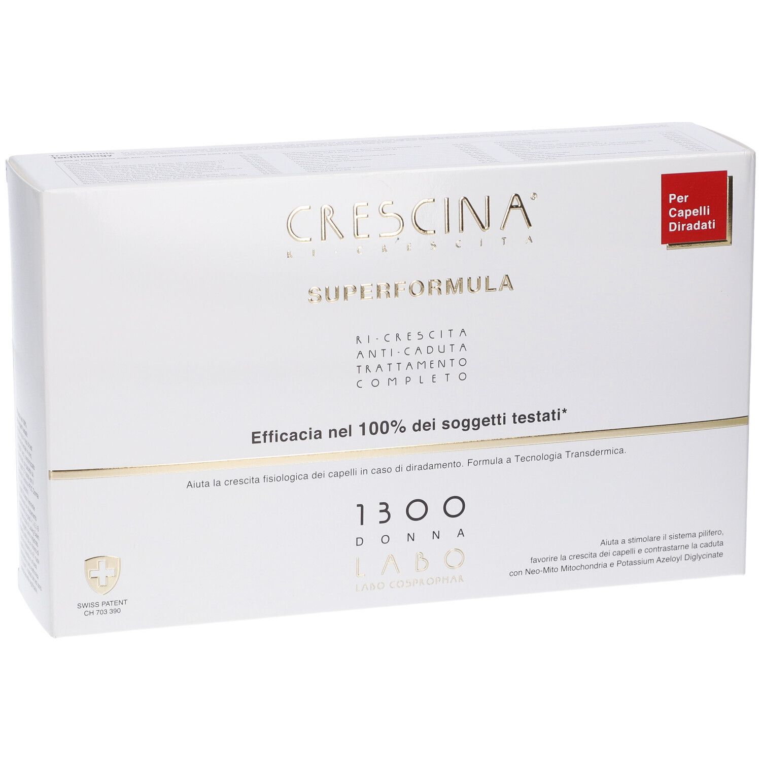 Confezione bianca con testo dorato. Scritta: Crescina Superformula 1300 Donna. Per capelli diradati.