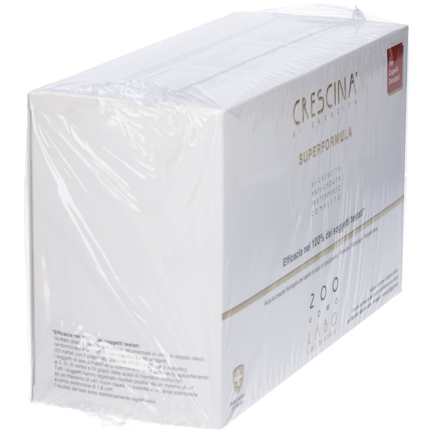 Scatola bianca in cellophane. Scritta dorata. Etichetta rossa.