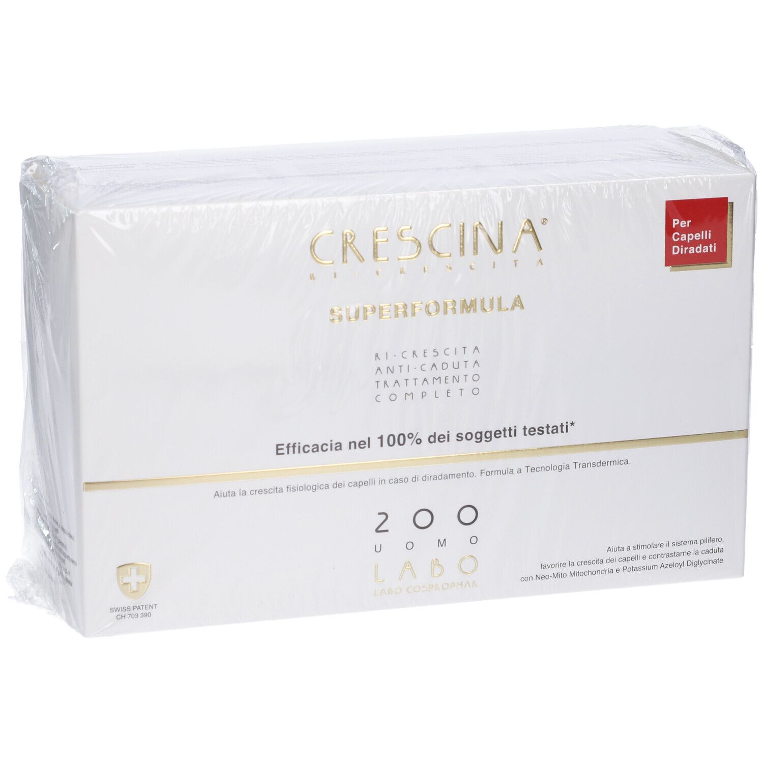 Scatola bianca in cellophane. Scritta dorata. Etichetta rossa.