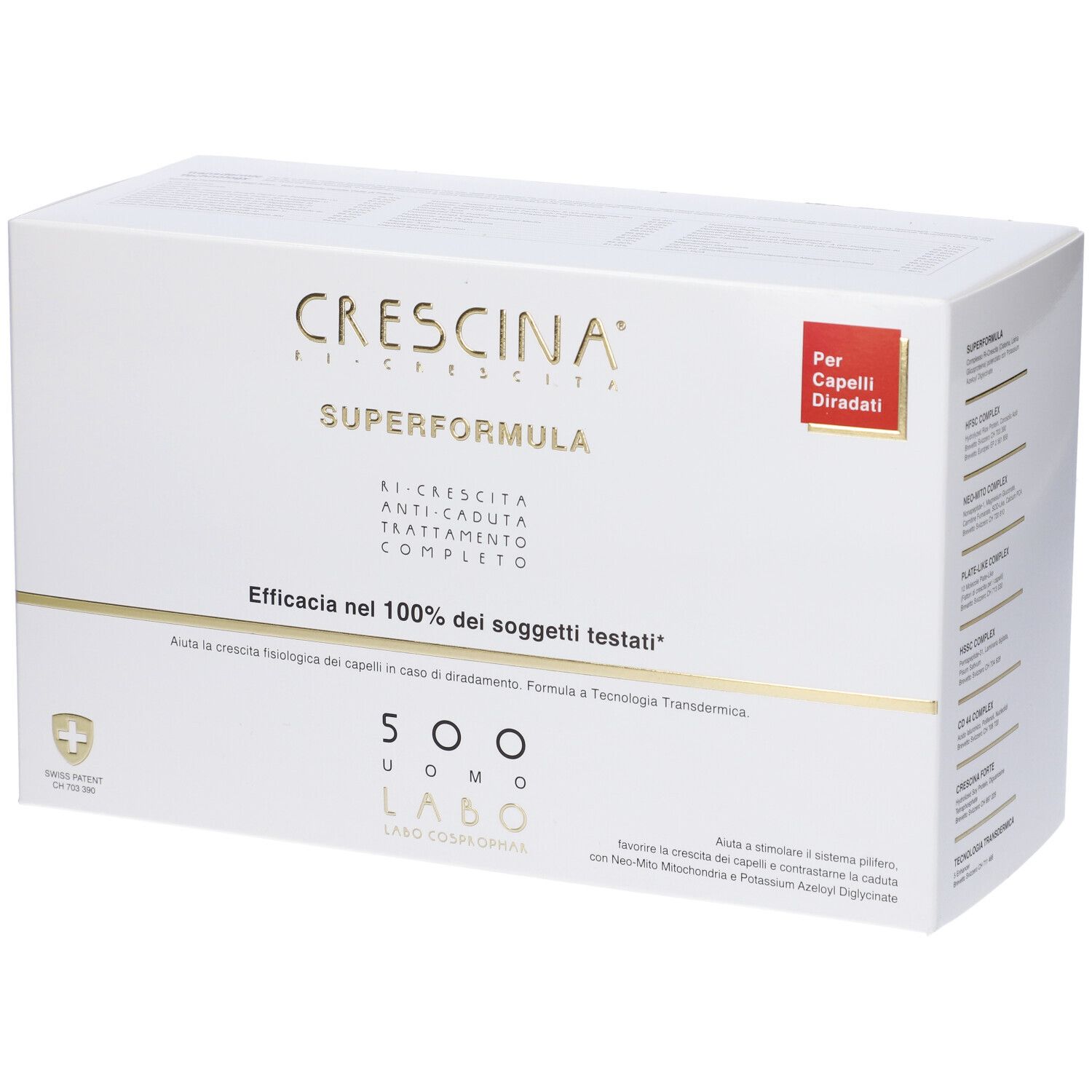 Confezione bianca con scritte dorate. Scritta: Crescina Superformula. Etichetta rossa: Per Capelli Diradati.