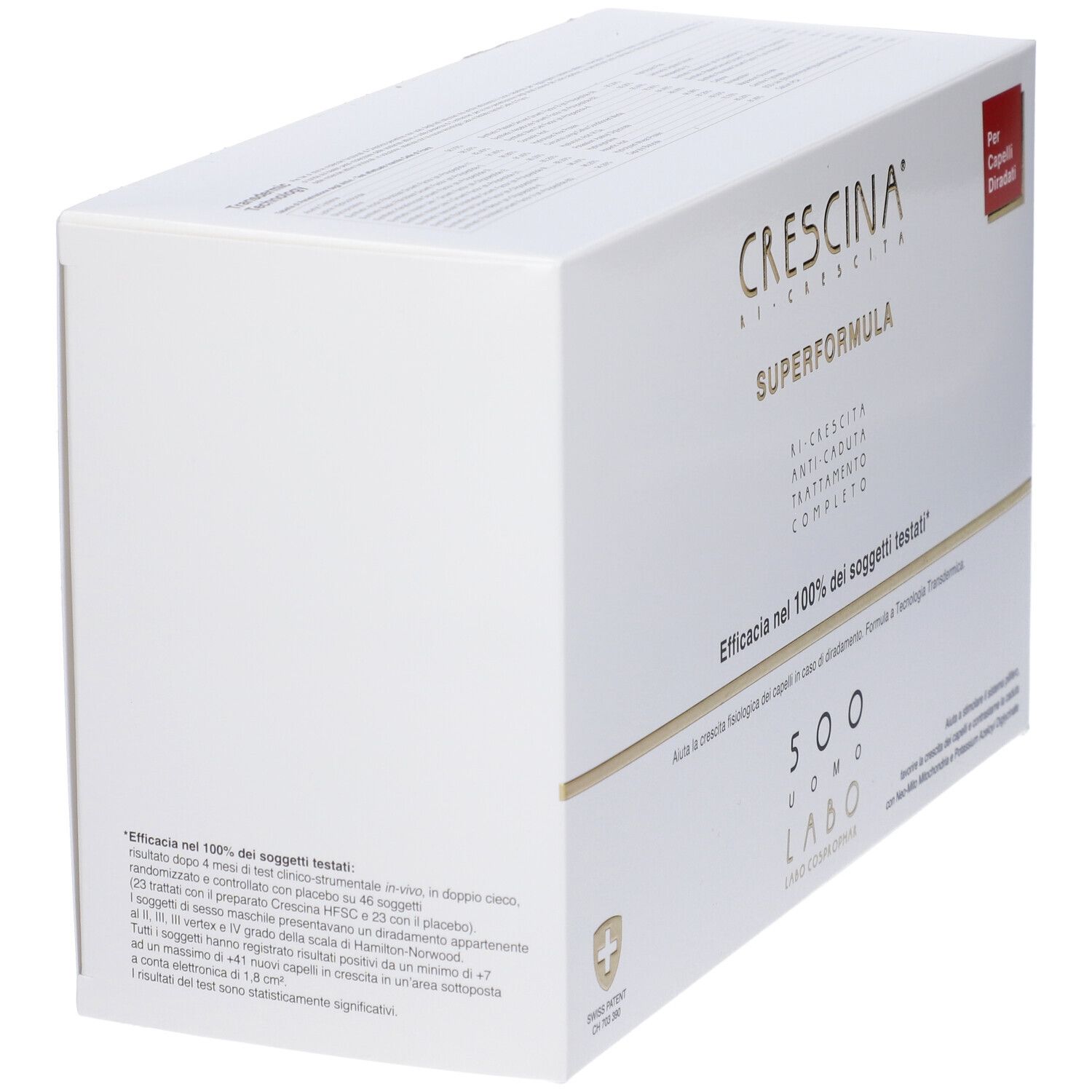 Confezione bianca angolata. Scritta: Crescina Superformula. Etichetta rossa: Per Capelli Diradati. Croce svizzera.