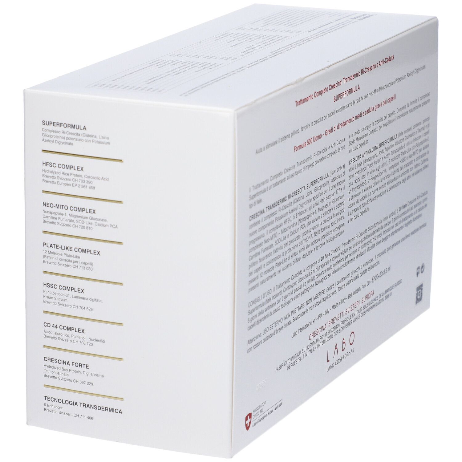 Confezione bianca angolata. Testo multilingue. Croce svizzera. Scritta: Labo.