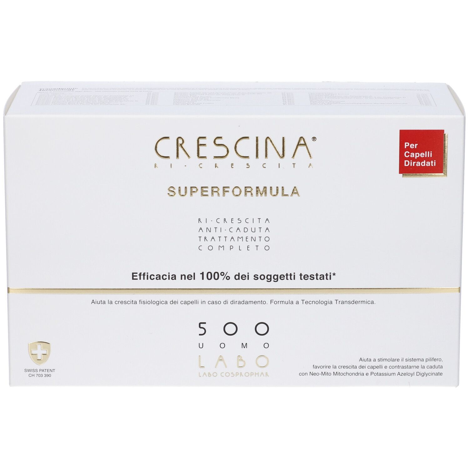 Confezione bianca con scritte dorate. Scritta: Crescina Superformula. Etichetta rossa: Per Capelli Diradati.