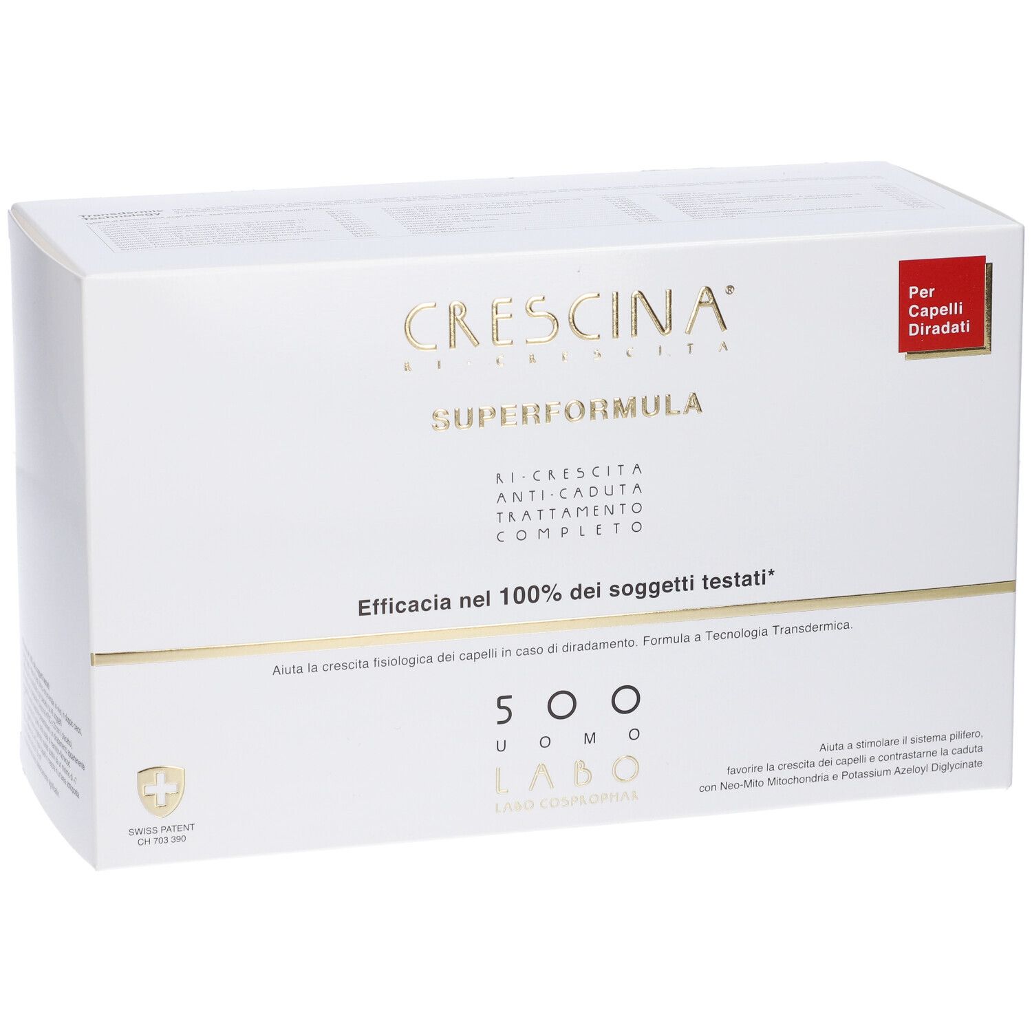 Confezione bianca con scritte dorate. Scritta: Crescina Superformula. Etichetta rossa: Per Capelli Diradati.