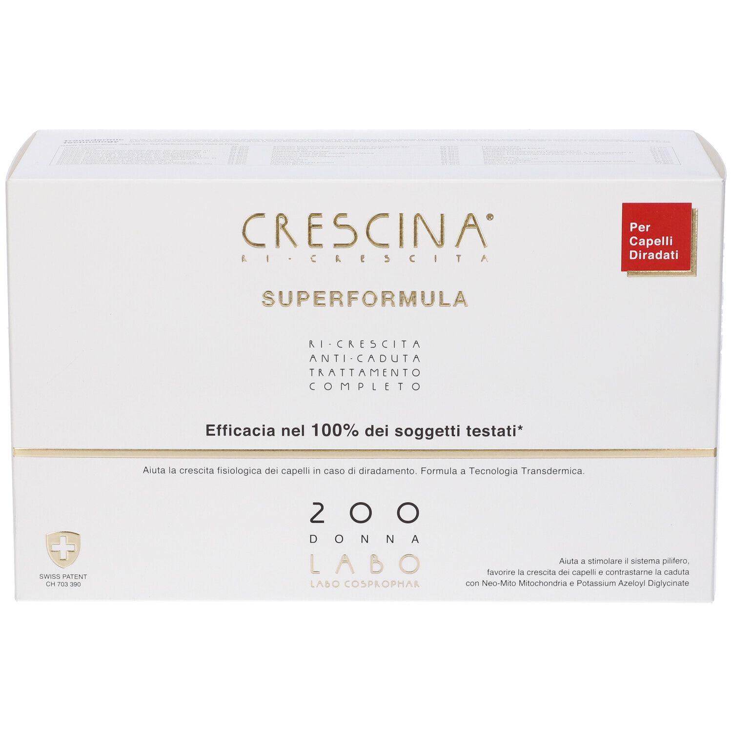 Confezione bianca con dettagli oro e rossi. Testo: Crescina, Superformula, 200 Donna. Croce svizzera.
