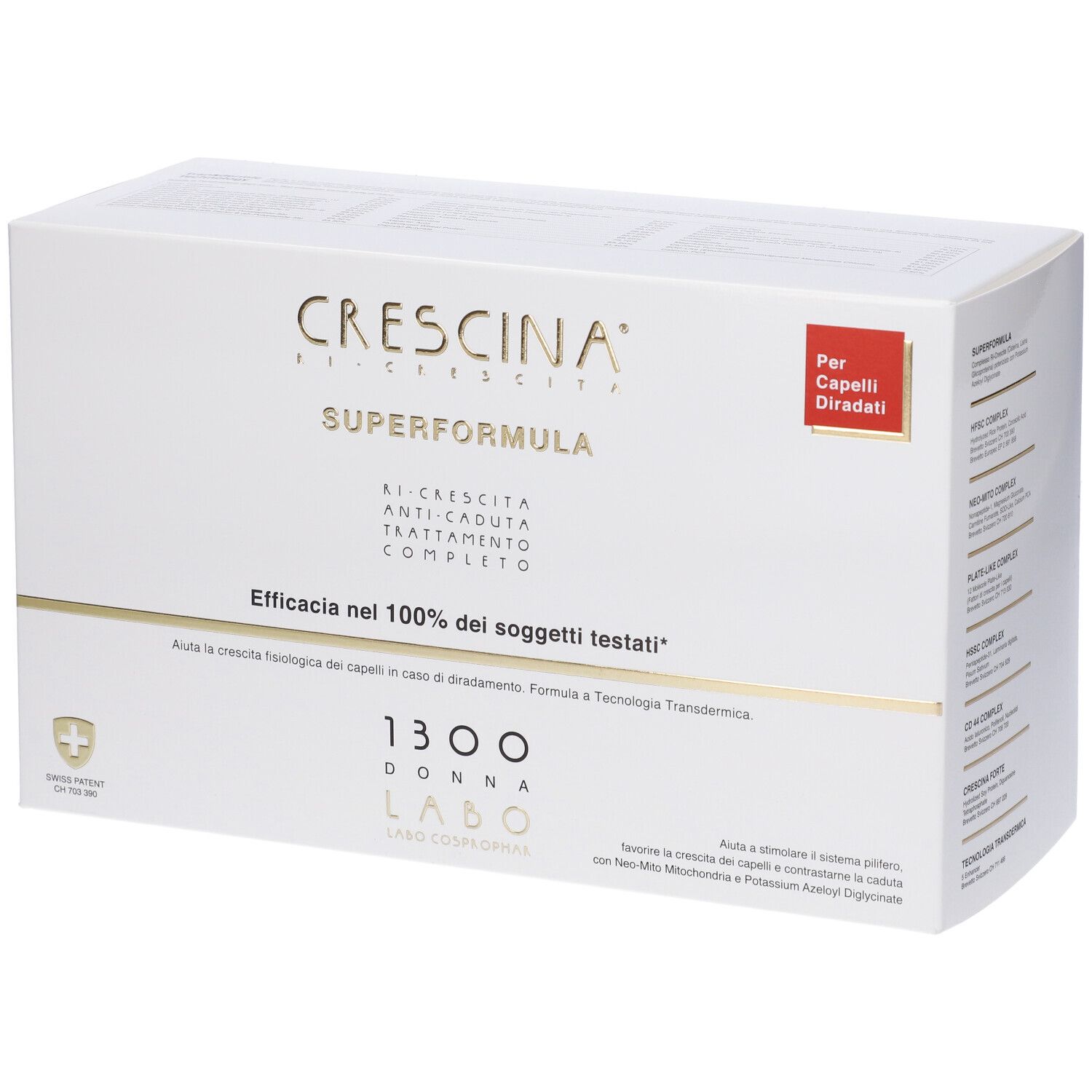 Confezione bianca con nome e testo del prodotto. Adesivo rosso con testo. Croce svizzera.