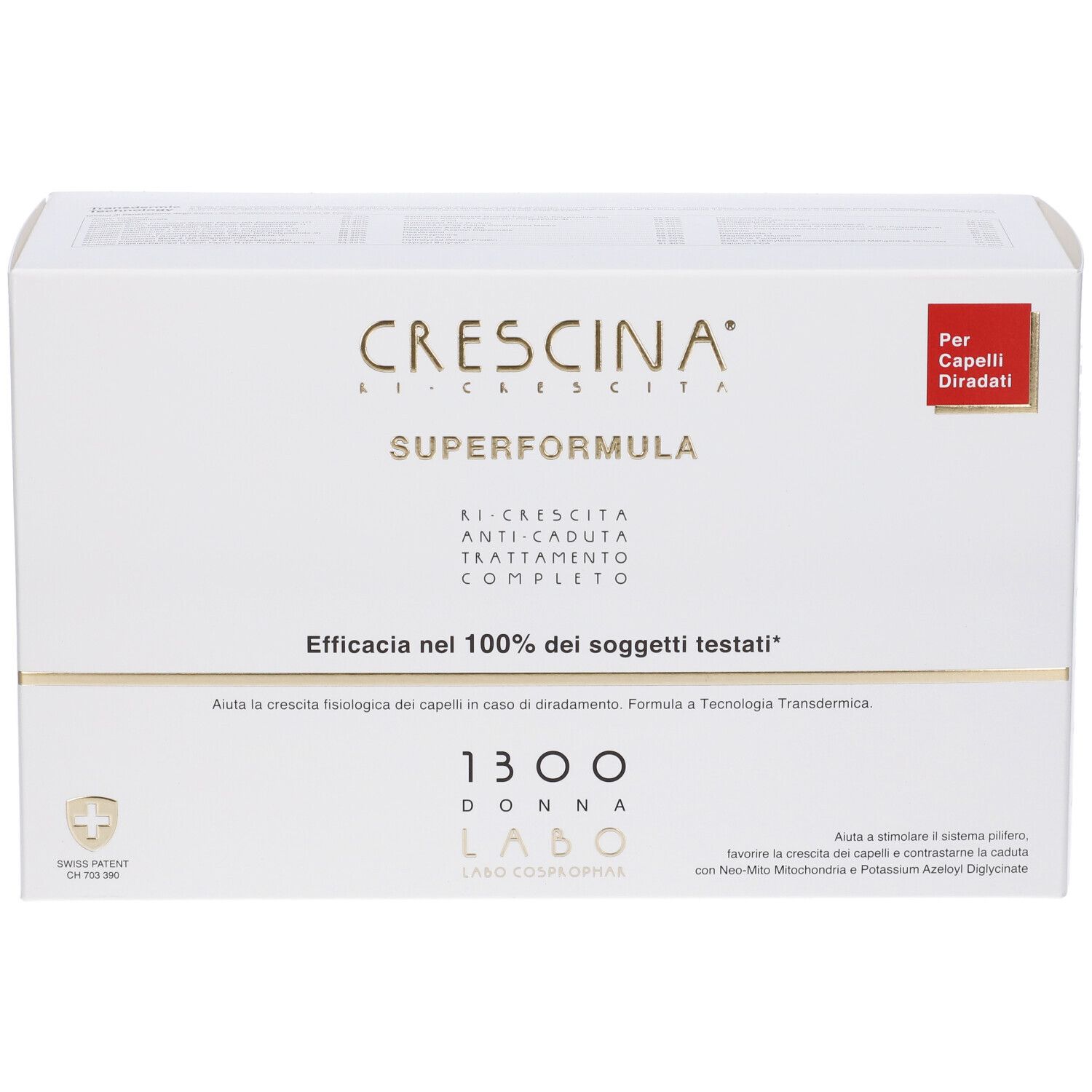 Confezione bianca con nome e testo del prodotto. Adesivo rosso con testo. Croce svizzera.