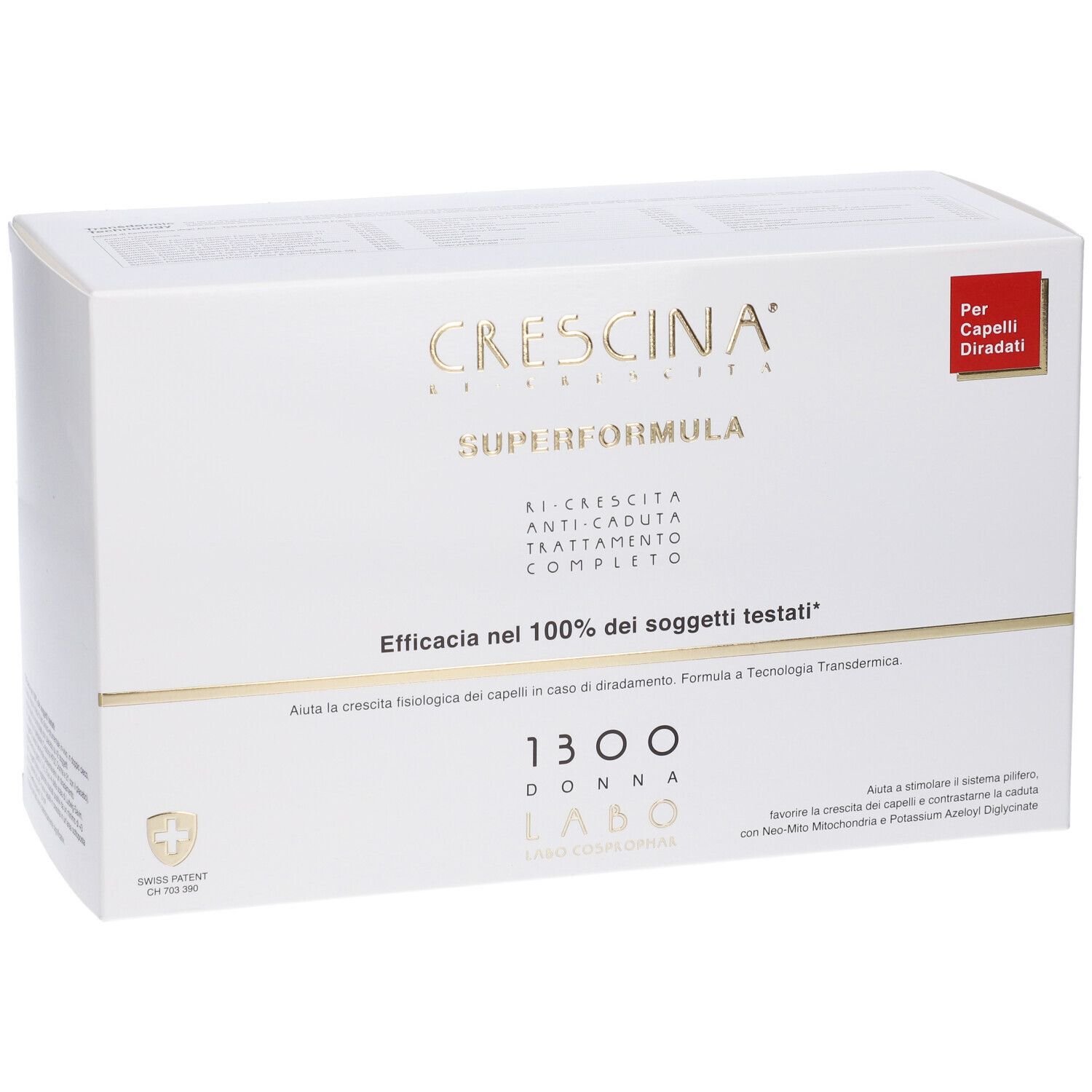 Confezione bianca con nome e testo del prodotto. Adesivo rosso con testo. Croce svizzera.