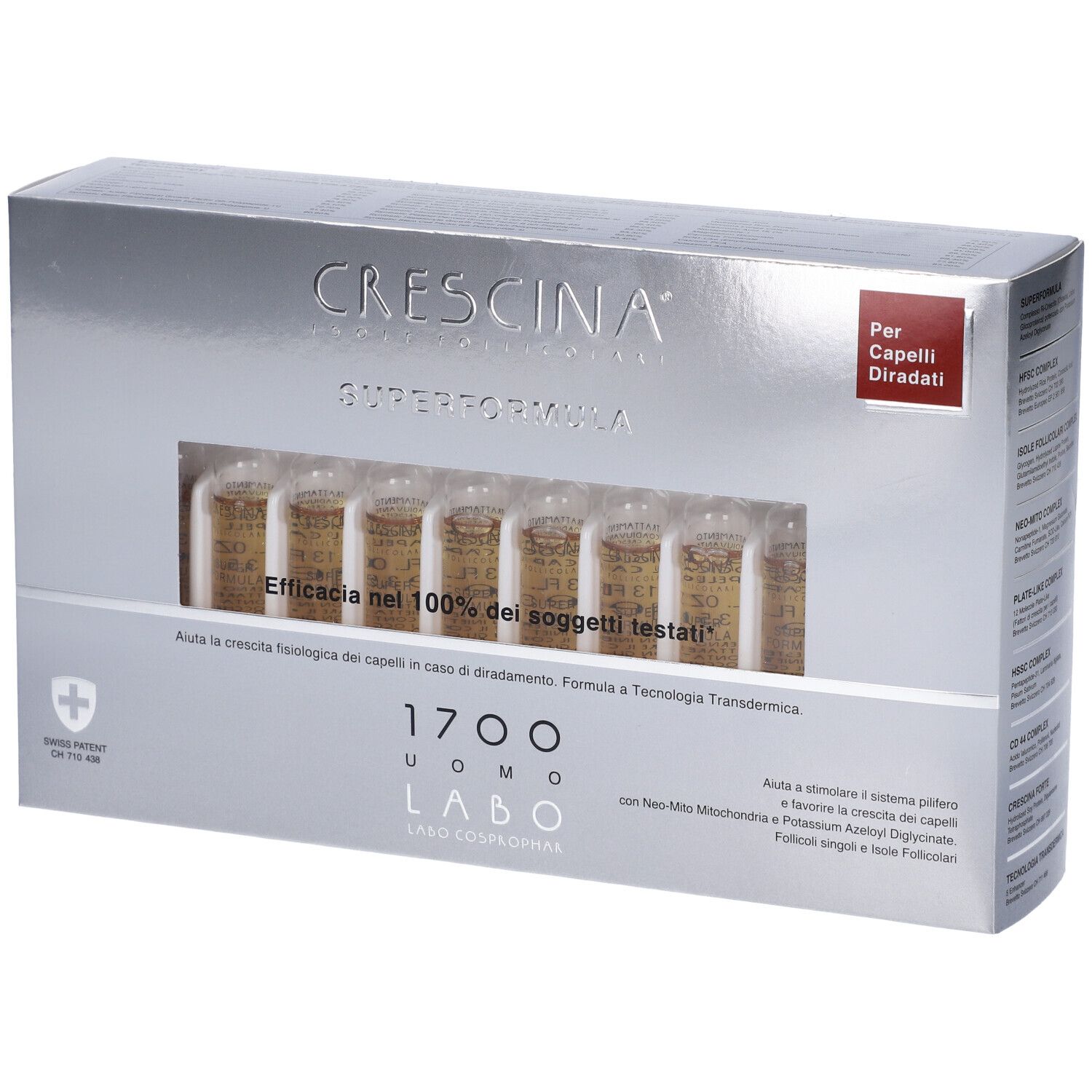 Scatola con fiale. Scritto: Crescina Super Formula 1700 Uomo. Per capelli diradati.