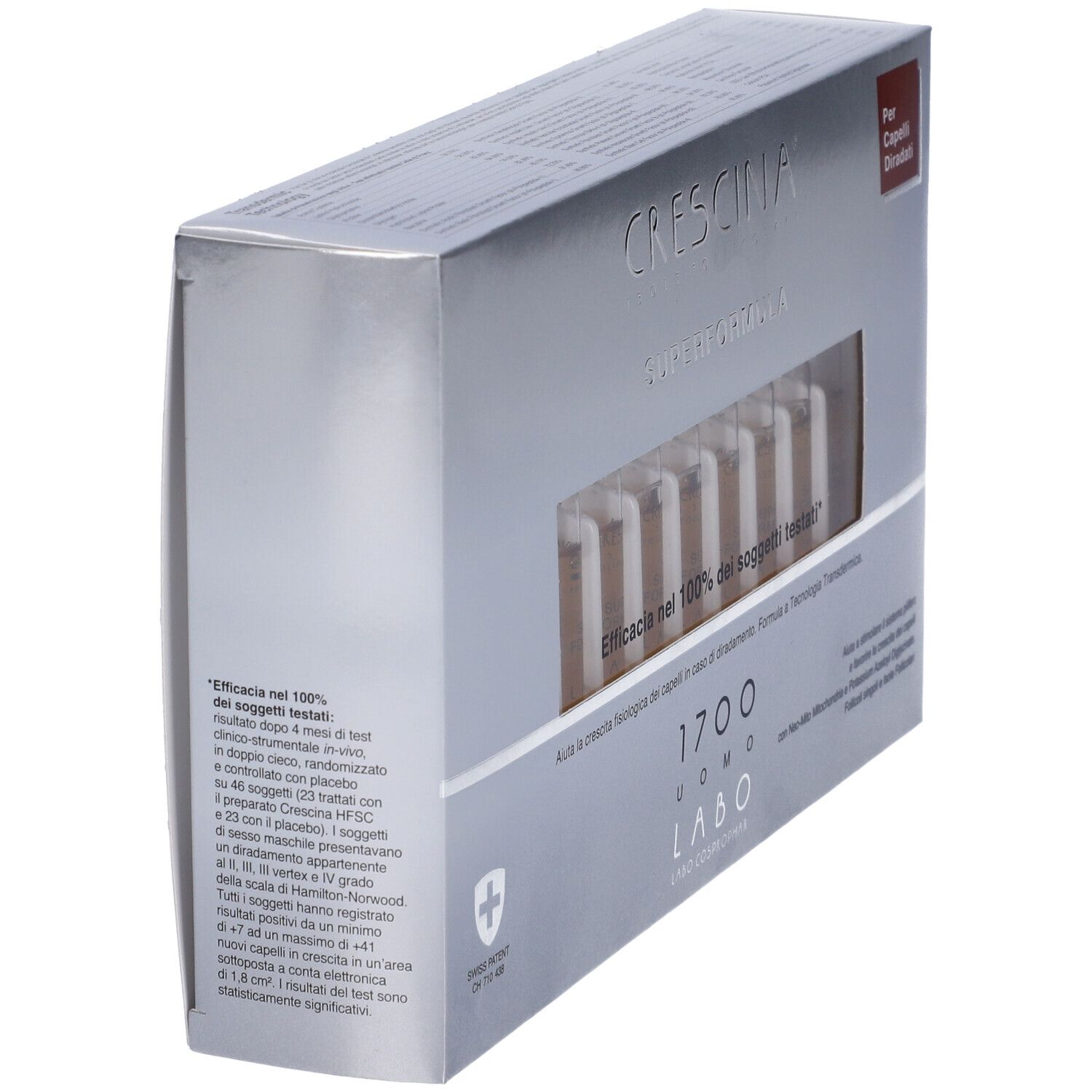 Scatola con fiale, in diagonale. Scritto: Crescina Super Formula 1700 Uomo. Per capelli diradati.