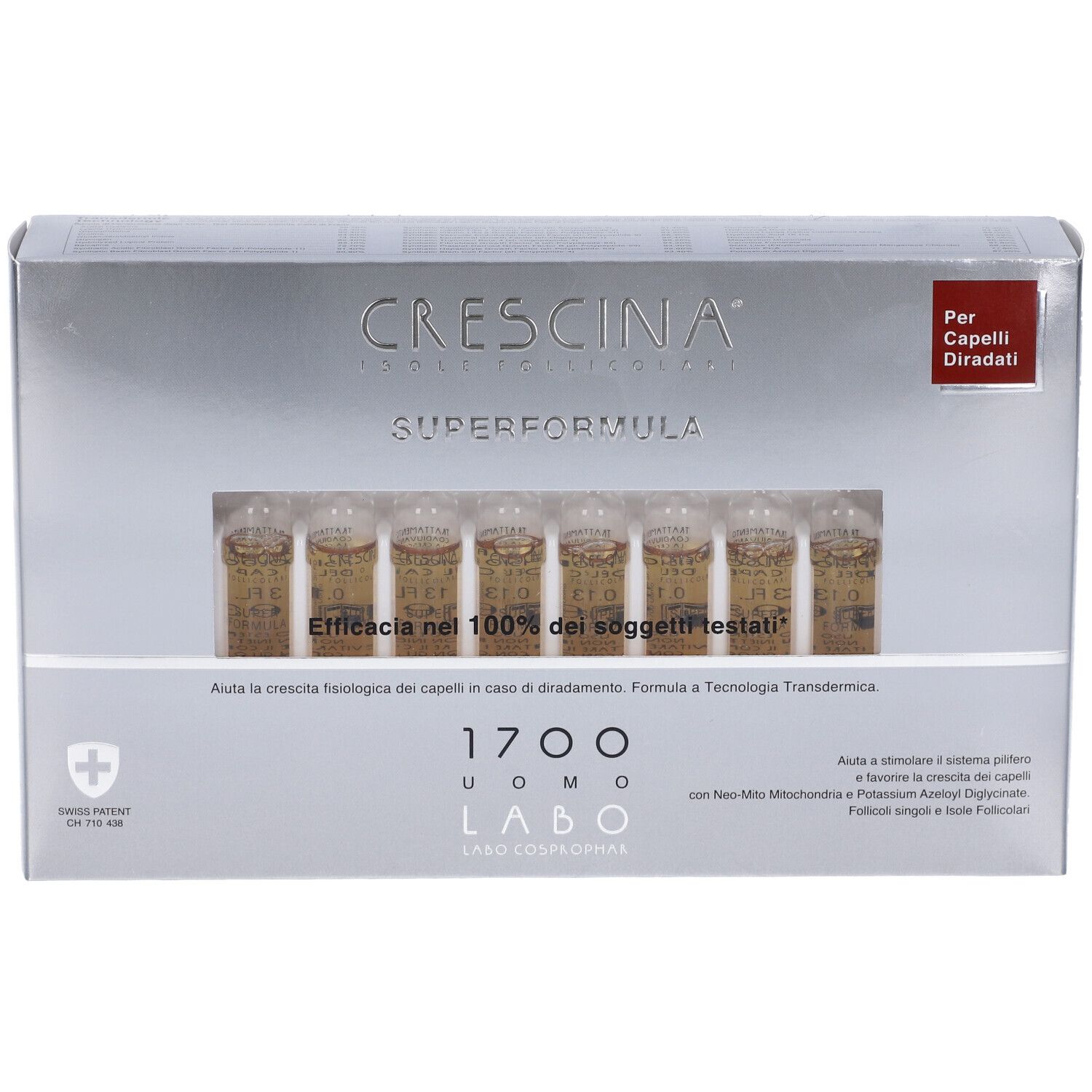 Scatola con fiale. Scritto: Crescina Super Formula 1700 Uomo. Per capelli diradati.