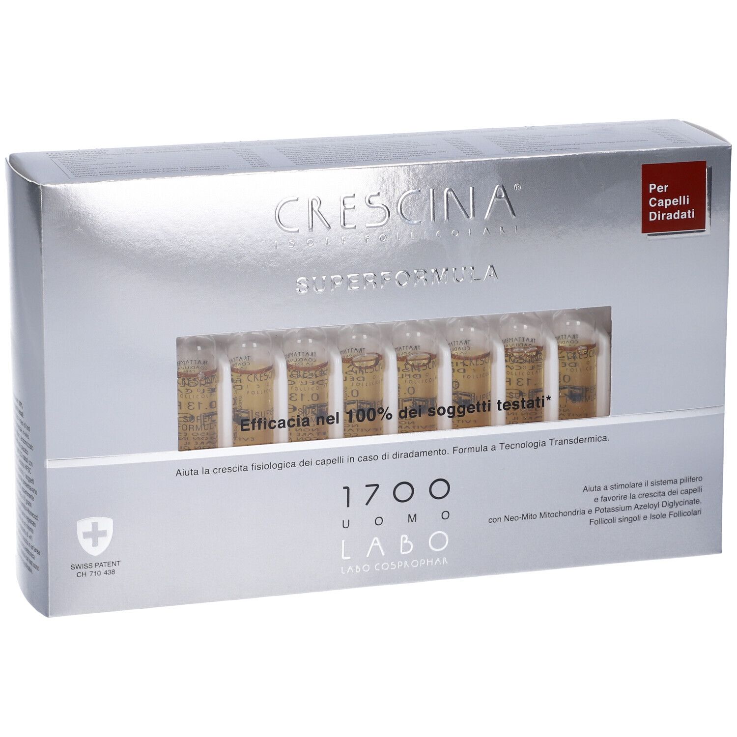 Scatola con fiale. Scritto: Crescina Super Formula 1700 Uomo. Per capelli diradati.