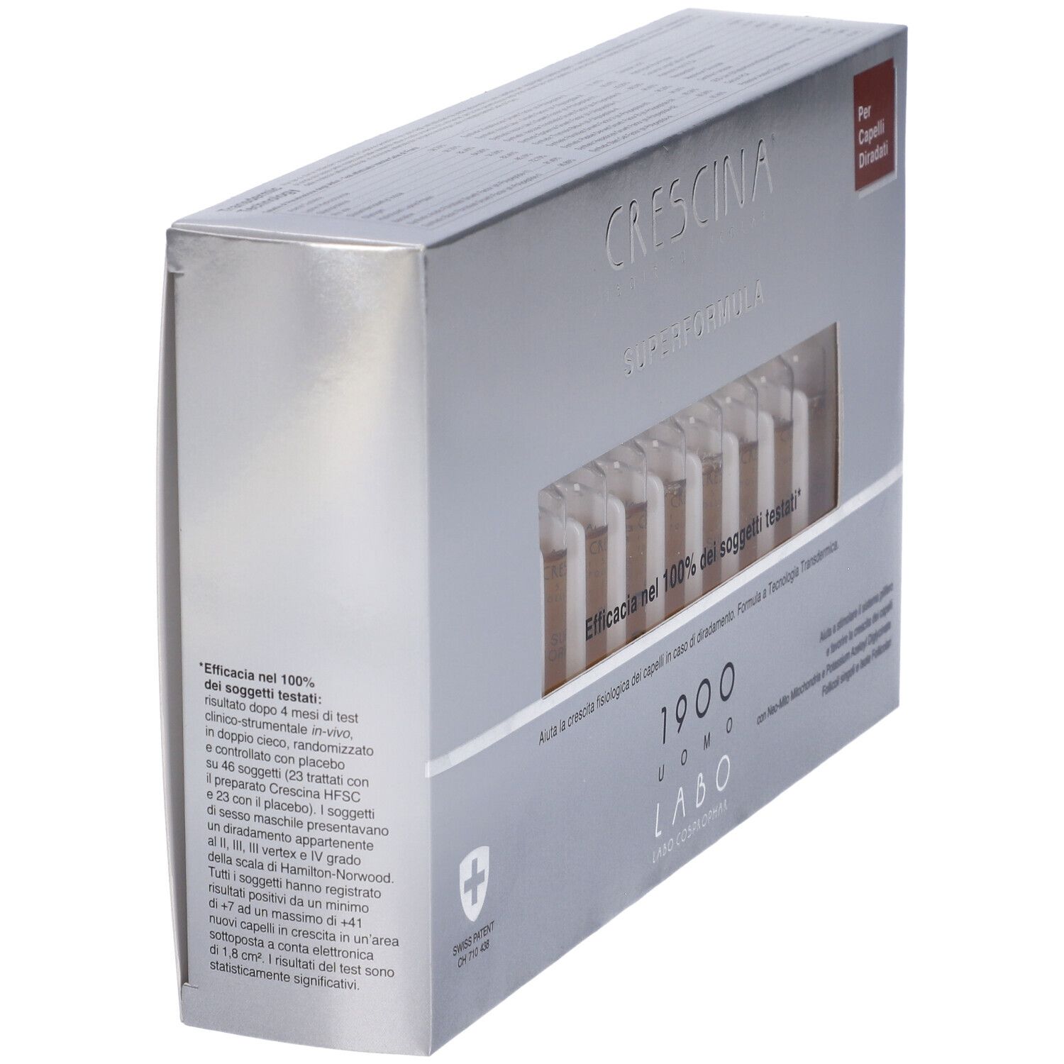 Confezione argentata, angolata. Scritta: Crescina Superformula 1900 Uomo. Testo su efficacia e ingredienti.