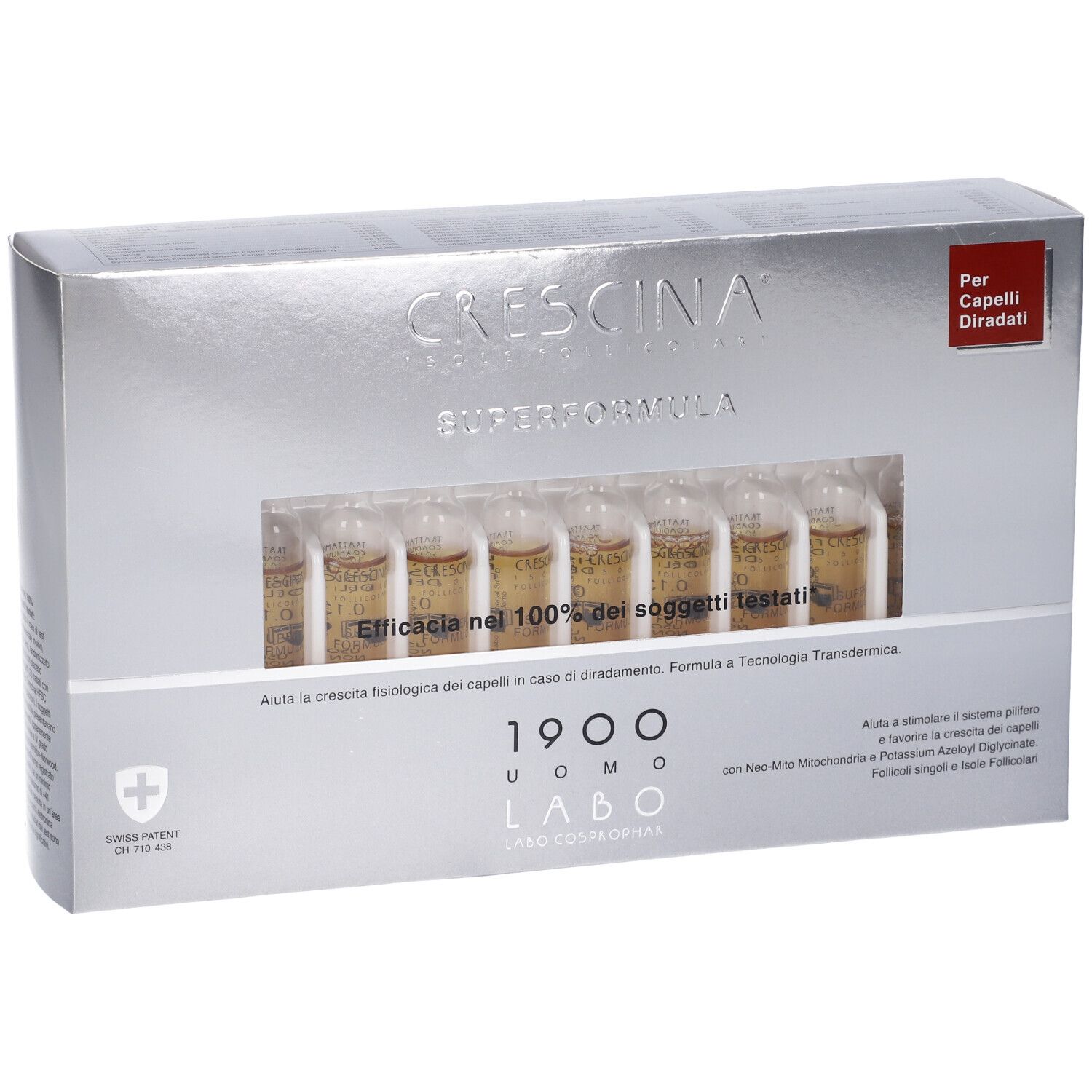 Confezione argentata con fiale. Scritta: Crescina Superformula 1900 Uomo. Testo sull'efficacia.