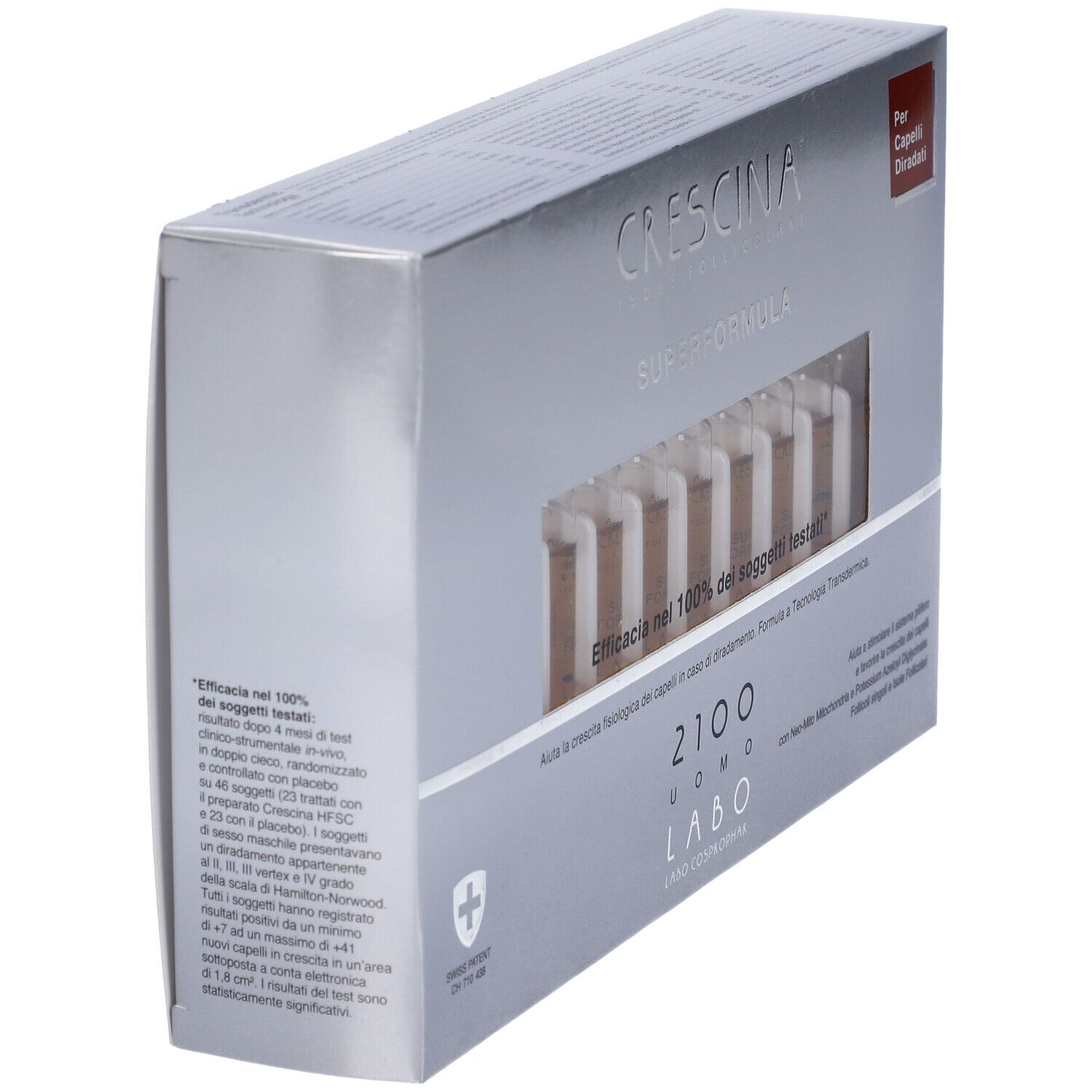 Scatola argentata. Scritta: Crescina Superformula. Visibili: fiale. Adesivo rosso: Per Capelli Diradati.