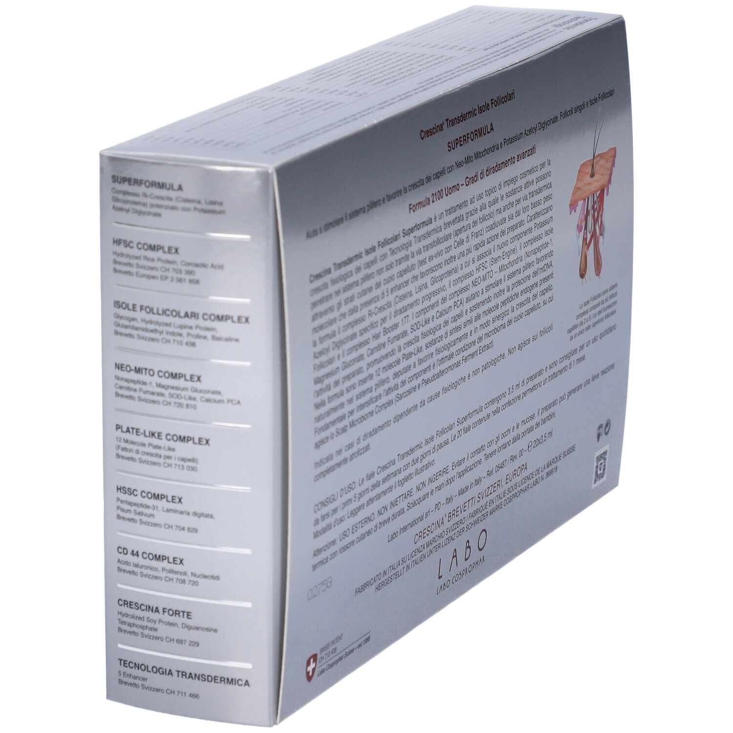 Scatola argentata. Scritta: Crescina Superformula. Testo: HSSC COMPLEX, CD44 COMPLEX. Illustrazione: pelle.