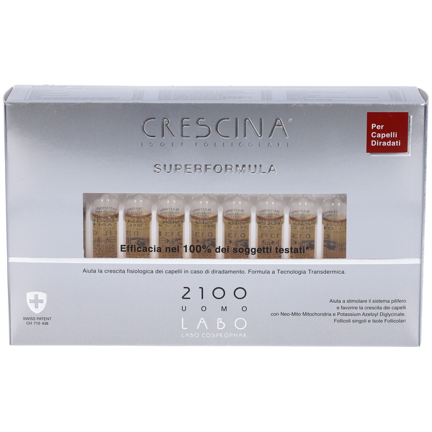 Scatola con fiale. Scritta: Crescina Superformula 2100 Uomo Labo. Adesivo rosso: Per Capelli Diradati.