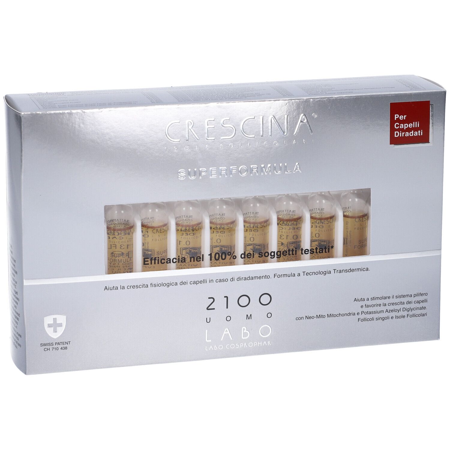 Scatola con fiale. Scritta: Crescina Superformula 2100 Uomo Labo. Adesivo rosso: Per Capelli Diradati.