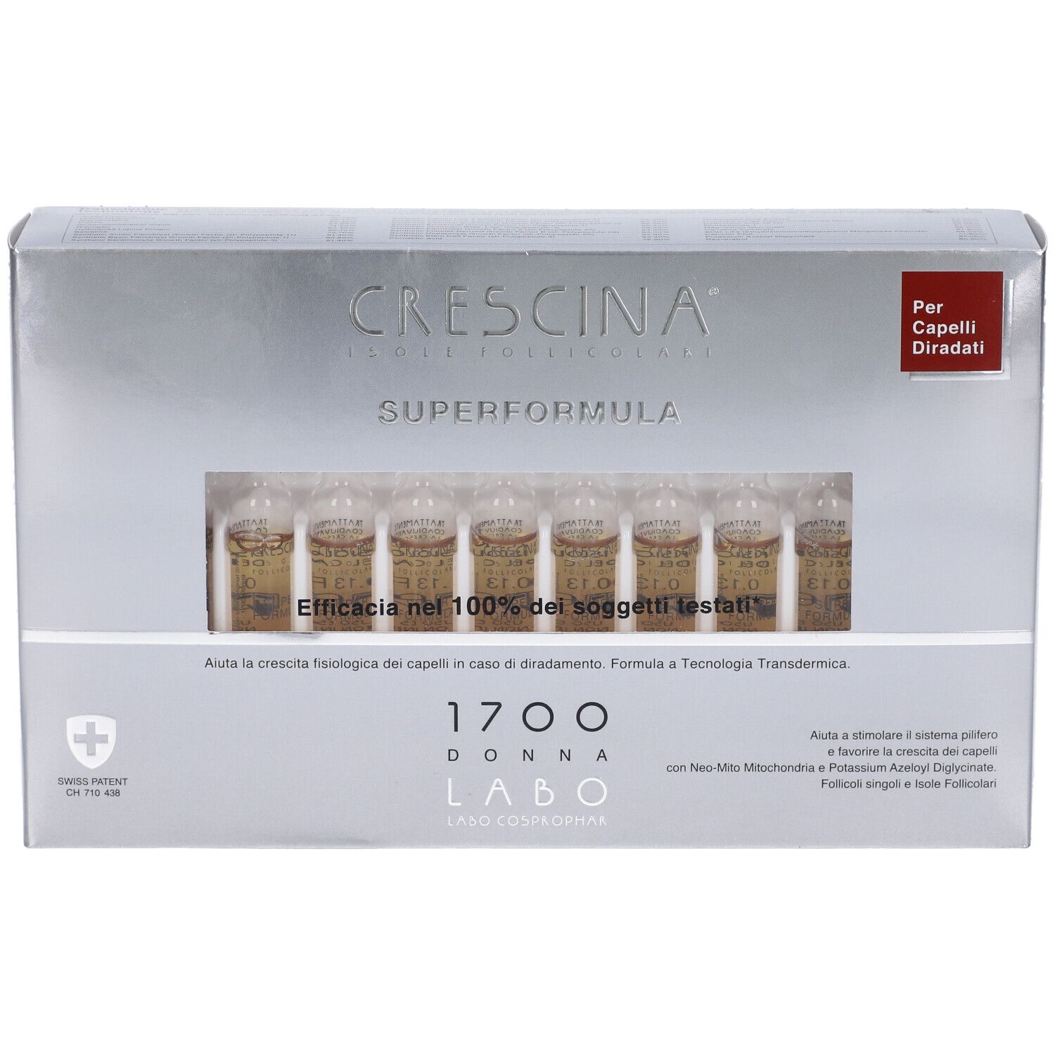 Scatola con fiale. Scritto: Crescina Superformula 1700 Donna. Fiale visibili.