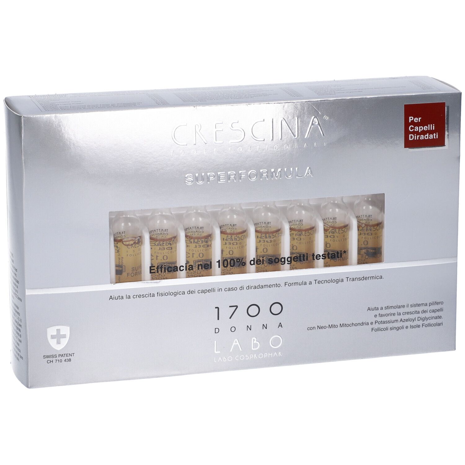 Scatola con fiale. Scritto: Crescina Elite Formula 1700 Donna. Fiale visibili.