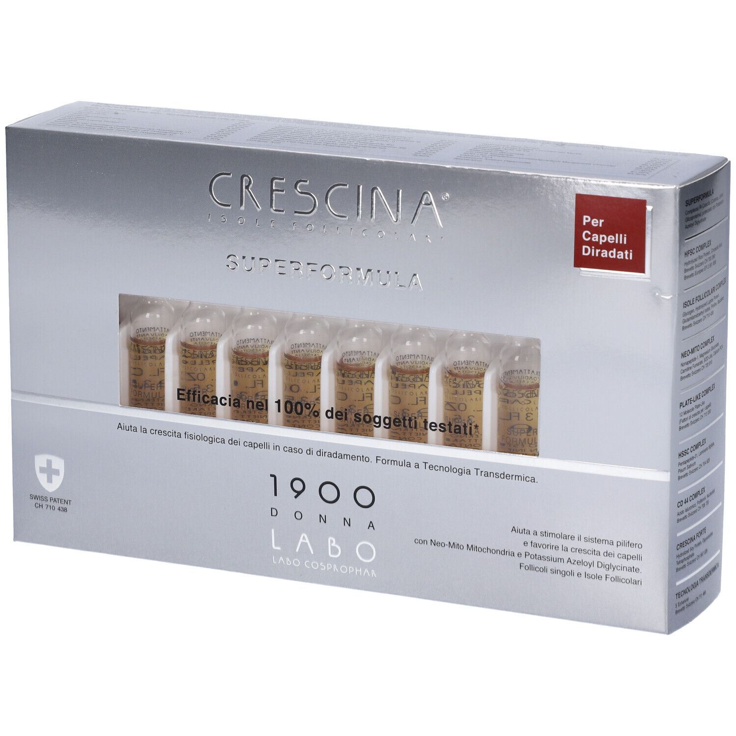 Scatola Crescina Super Formula 1900 Donna. Ampolle visibili. Per capelli diradati.