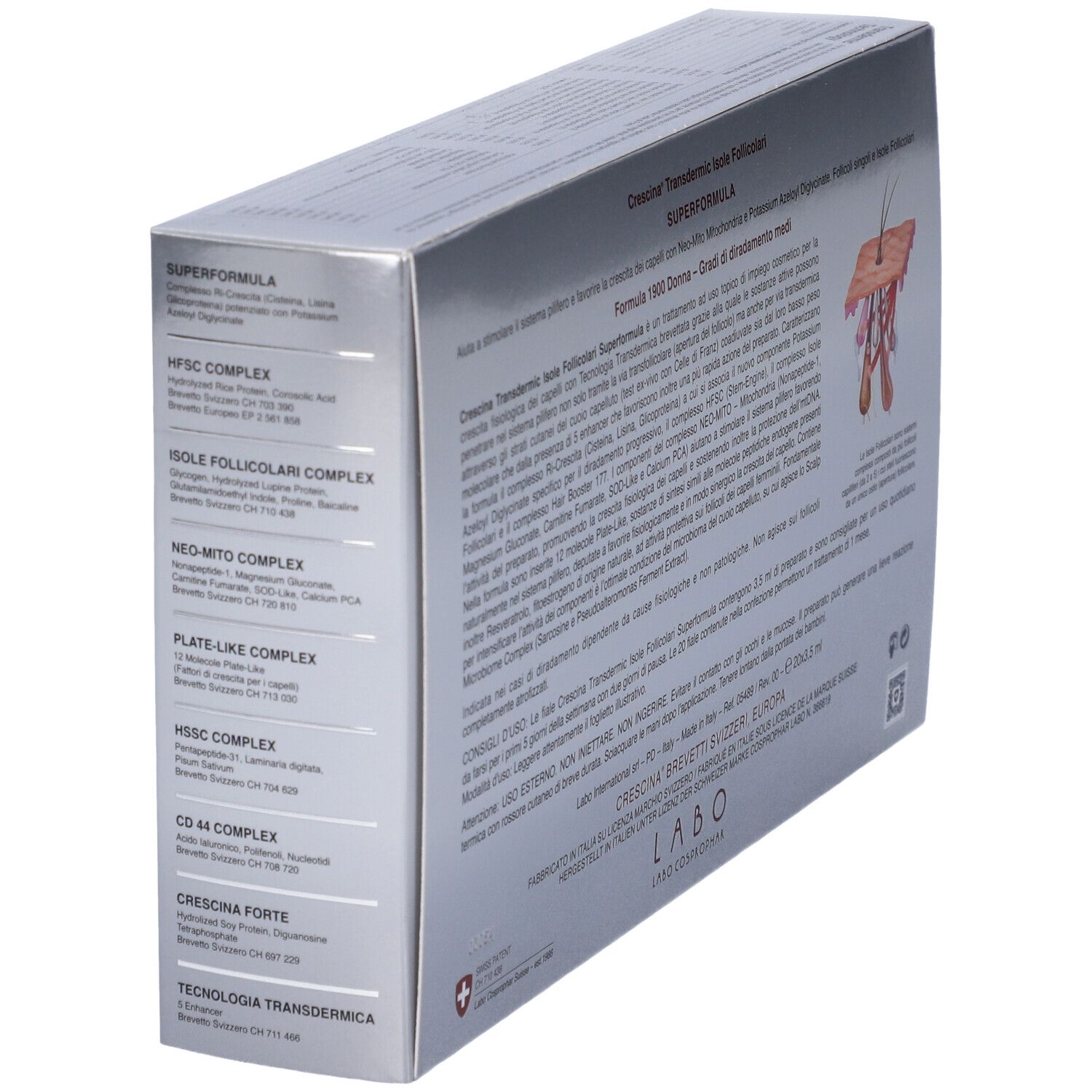 Lato scatola Crescina Super Formula 1900 Donna. Testo con ingredienti.