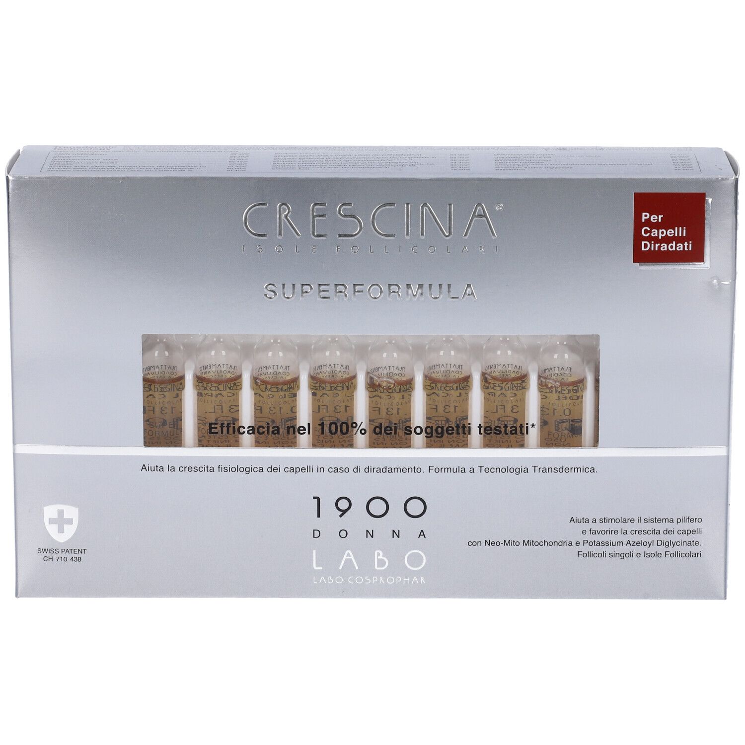 Scatola Crescina Super Formula 1900 Donna. Ampolle visibili. Per capelli diradati.