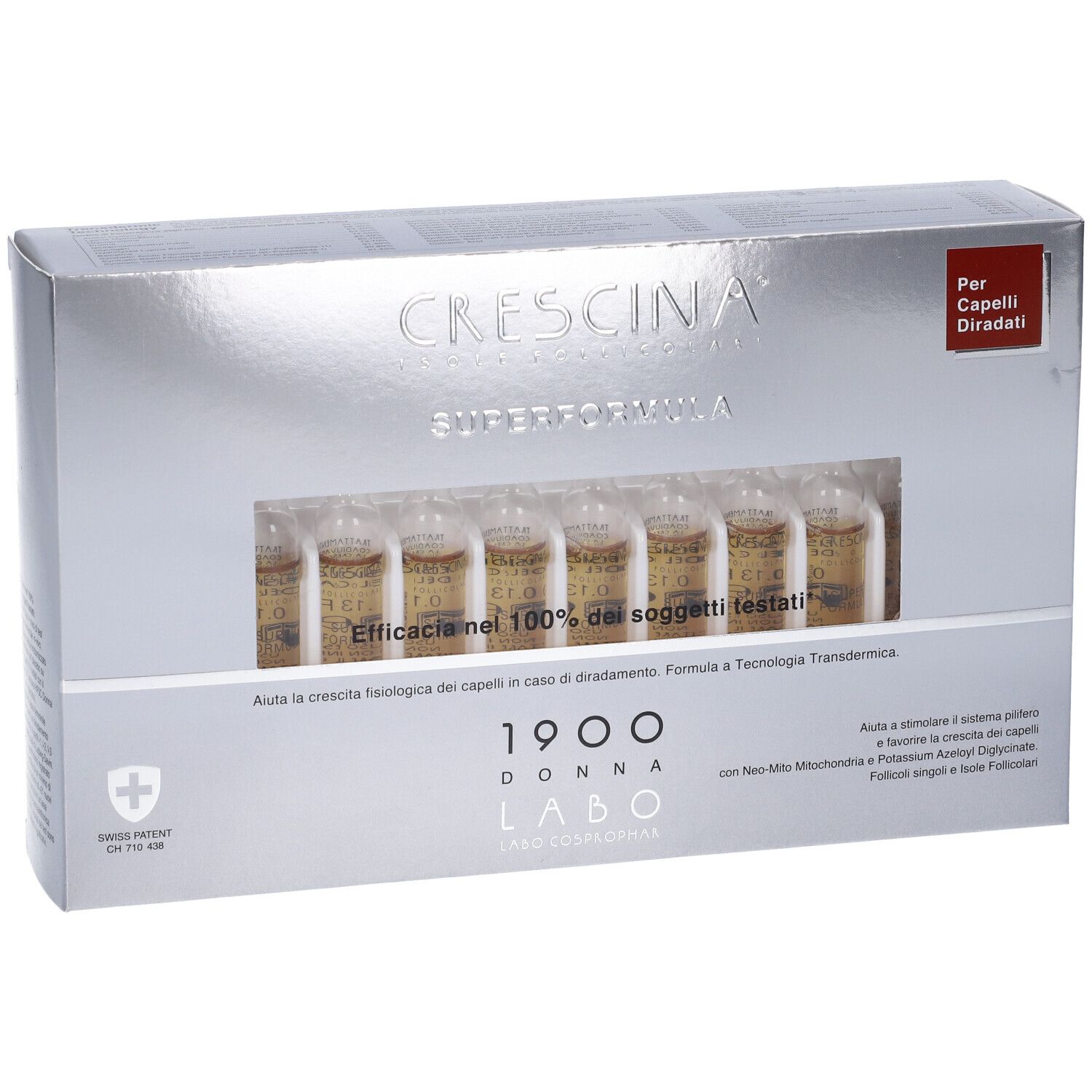 Scatola Crescina Super Formula 1900 Donna. Ampolle visibili. Per capelli diradati.
