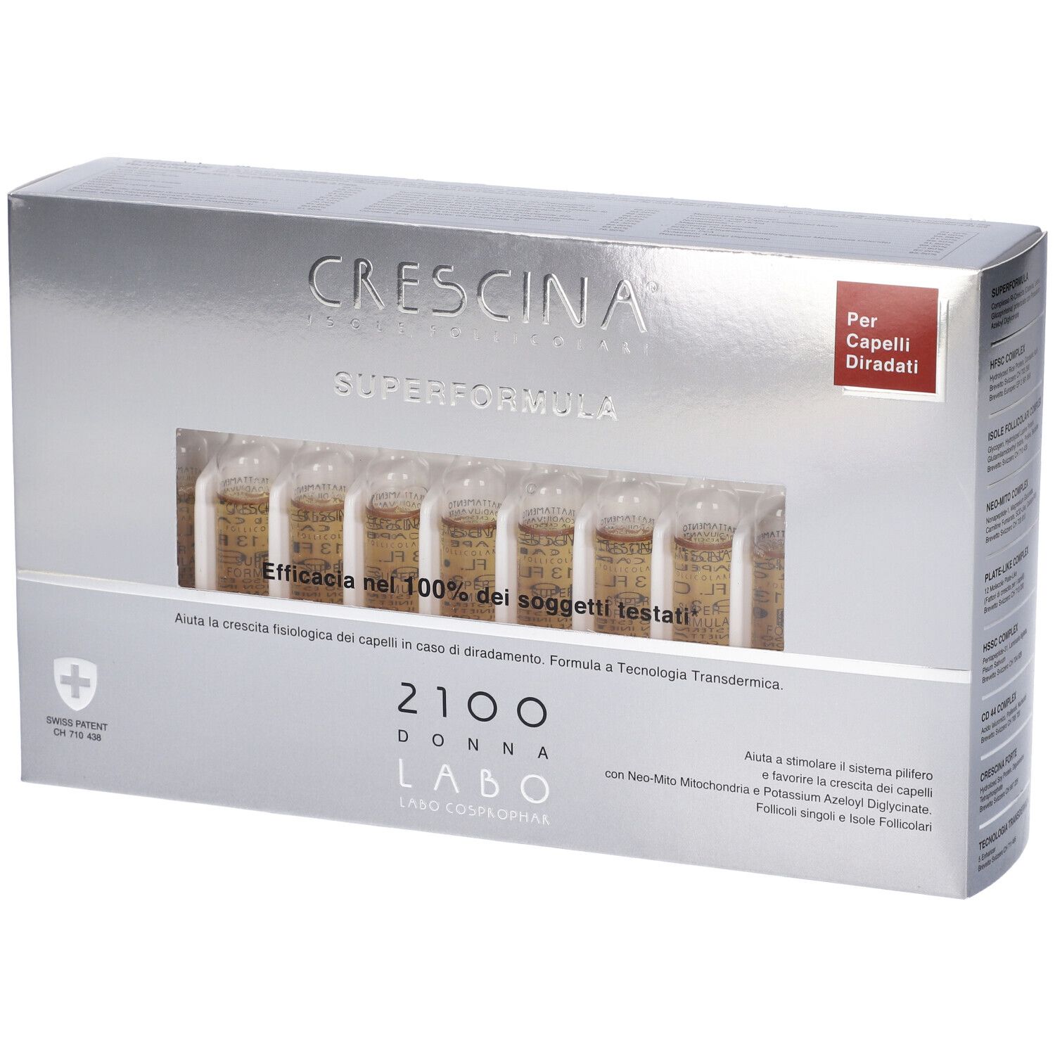 Scatola con fiale. Scritta: Crescina Superformula 2100 Donna. Etichetta rossa: Per Capelli Diradati.