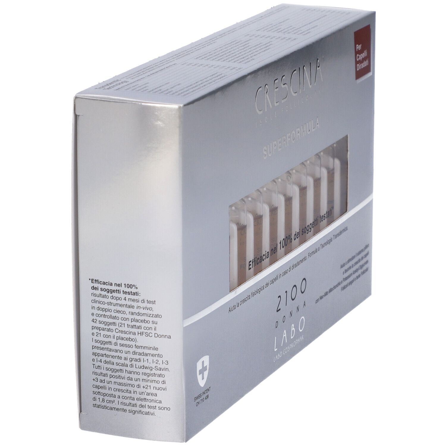 Scatola argentata, angolata. Scritta: Crescina Superformula 2100 Donna. Etichetta rossa: Per Capelli Diradati.