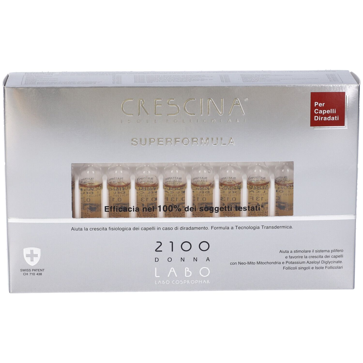 Scatola con fiale. Scritta: Crescina Superformula 2100 Donna. Etichetta rossa: Per Capelli Diradati.