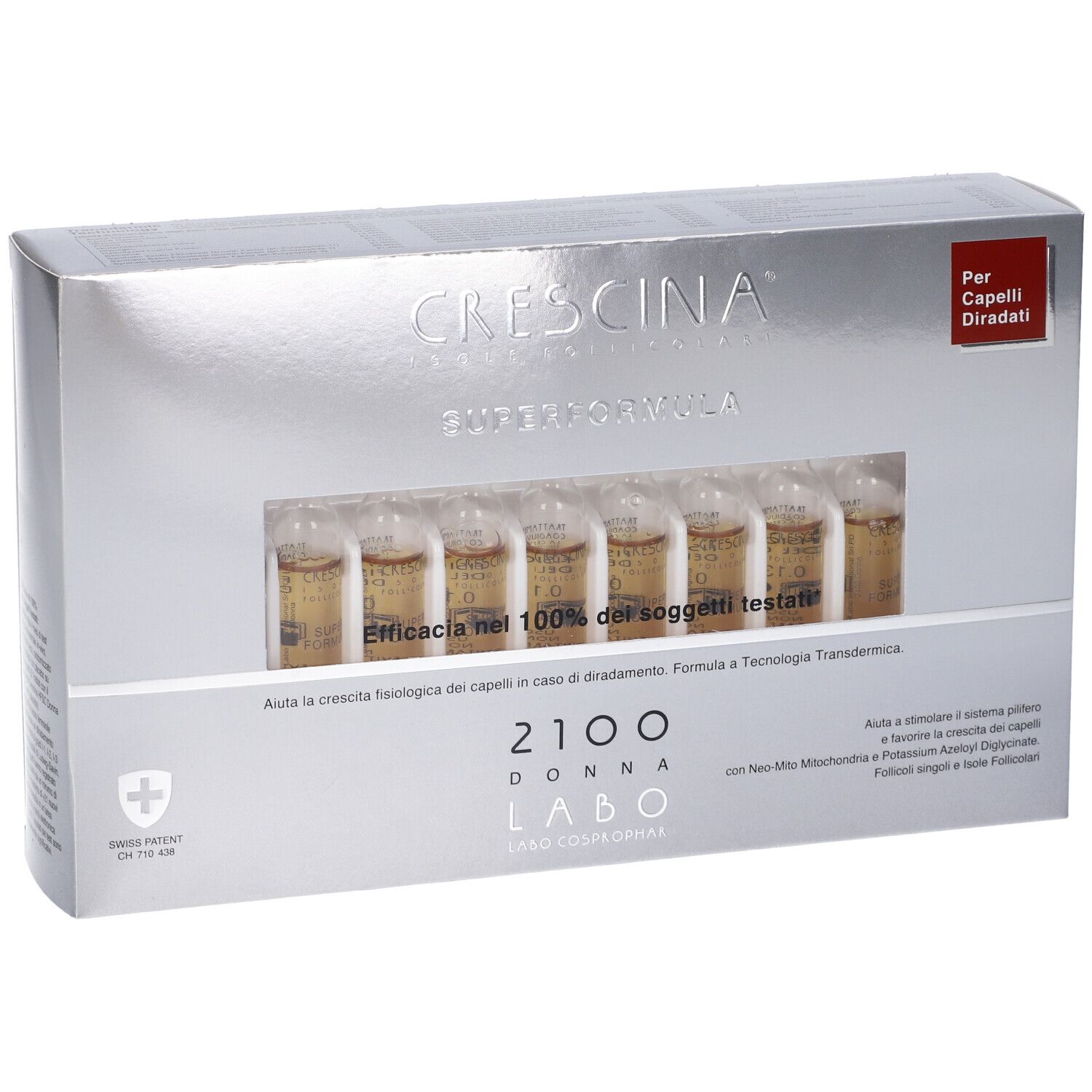 Scatola con fiale. Scritta: Crescina Superformula 2100 Donna. Etichetta rossa: Per Capelli Diradati.