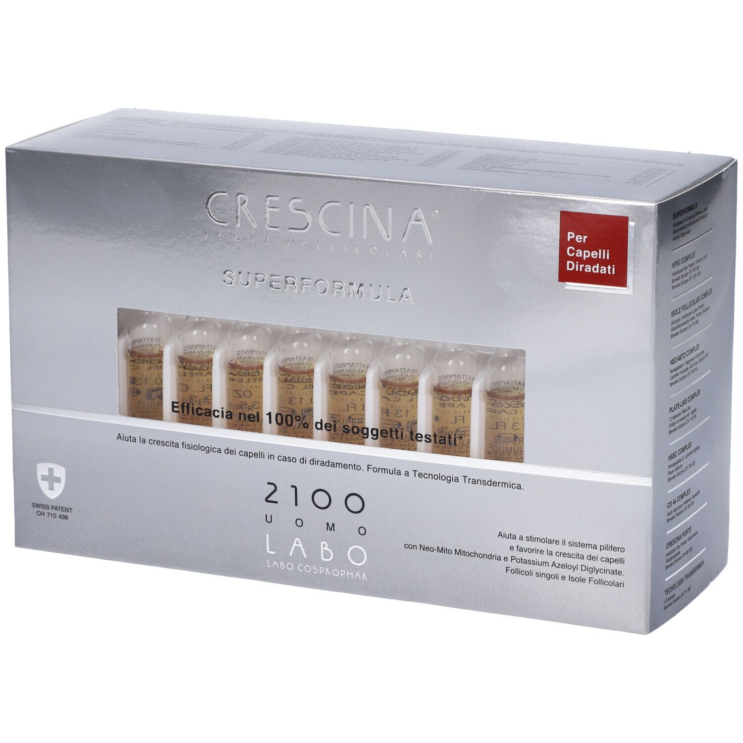 Scatola argentata con fiale. Scritta: Crescina Superformula 2100 Uomo. Finestra con fiale. Croce svizzera.