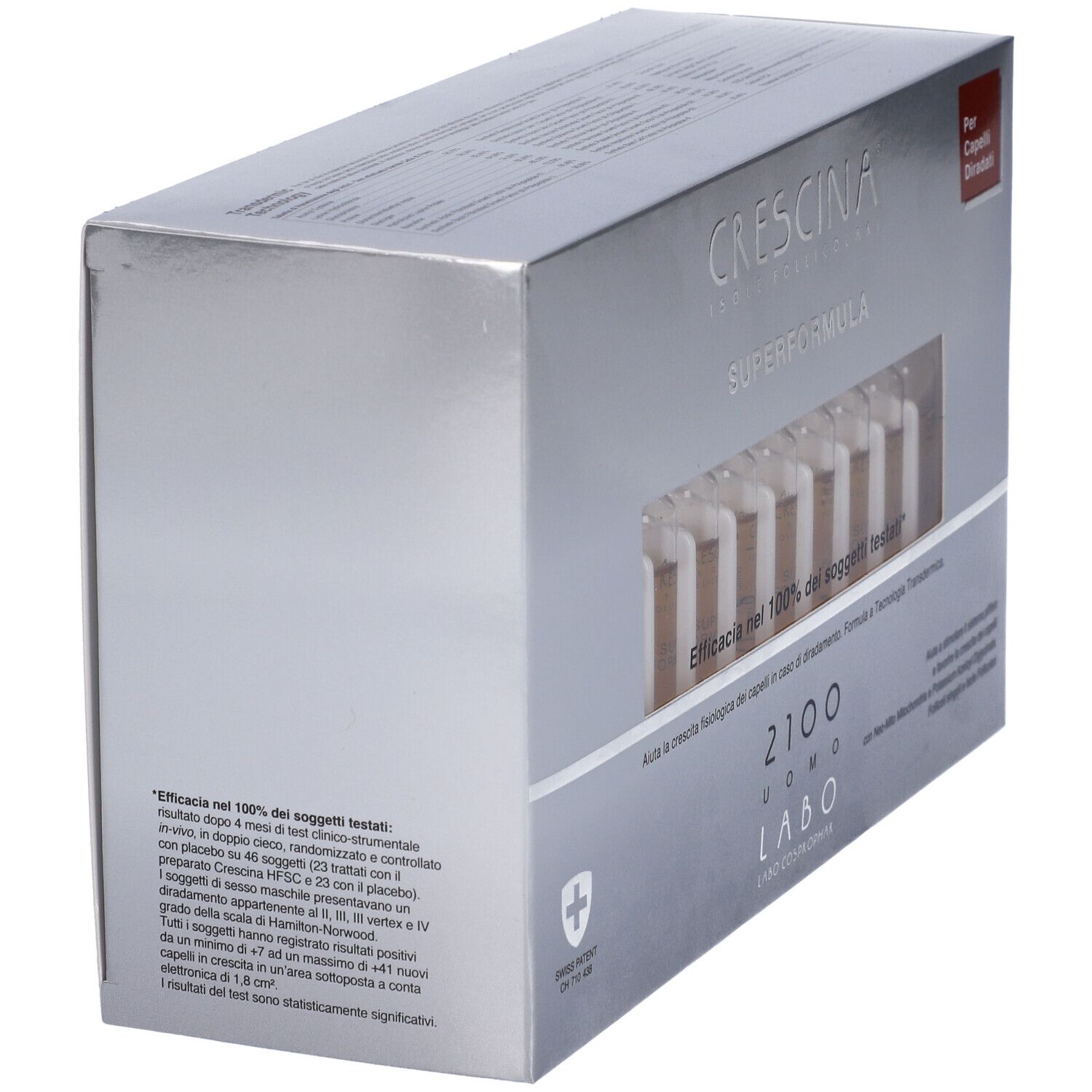 Scatola argentata inclinata con fiale. Scritta: Crescina Superformula 2100 Uomo. Croce svizzera.