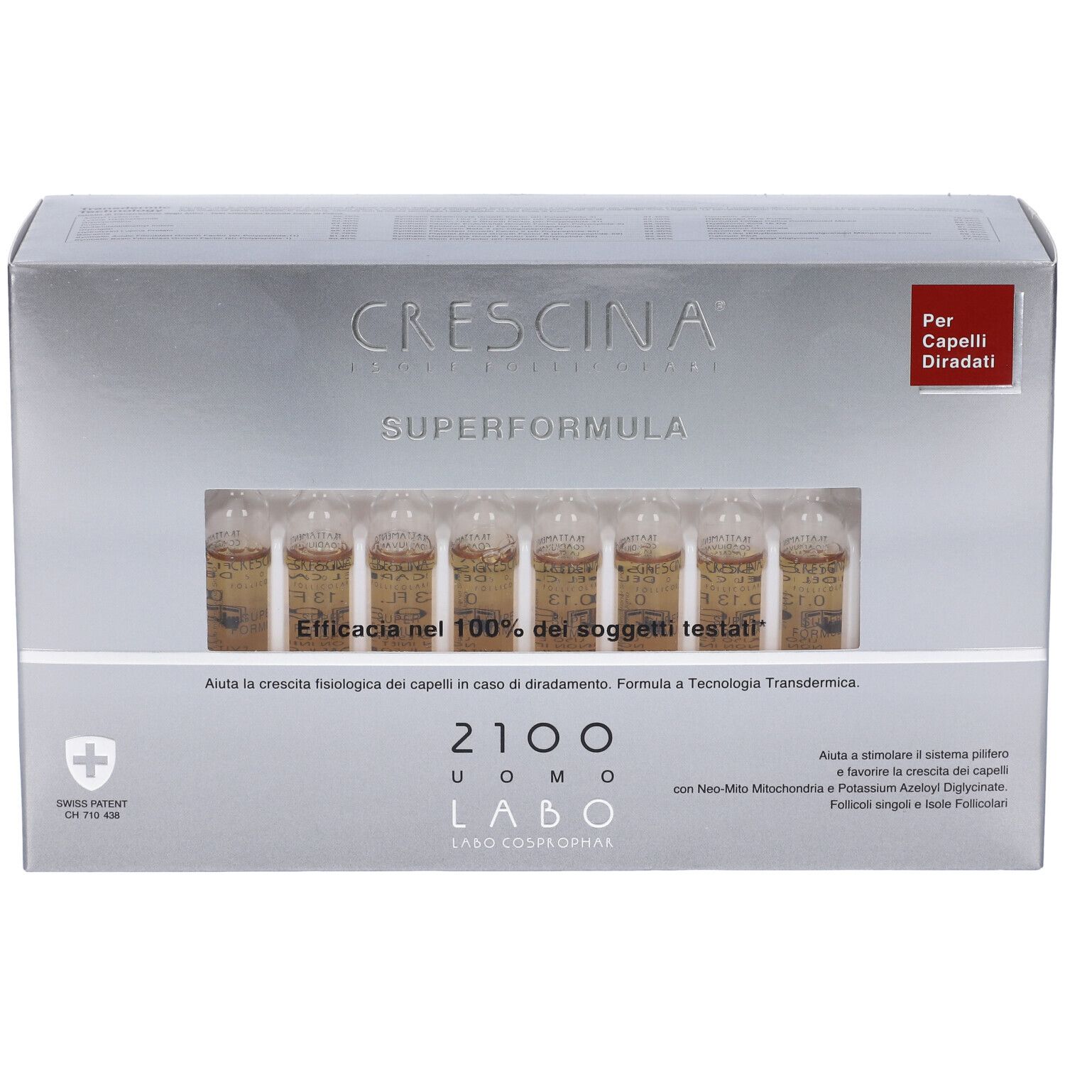 Scatola argentata con fiale. Scritta: Crescina Superformula 2100 Uomo. Finestra con fiale. Croce svizzera.