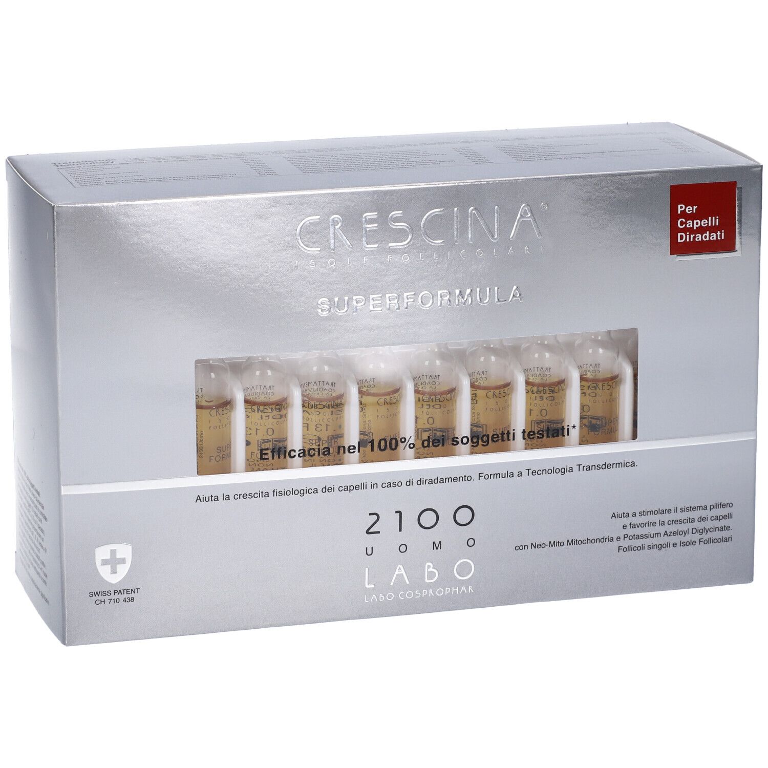 Scatola argentata con fiale. Scritta: Crescina Superformula 2100 Uomo. Finestra con fiale. Croce svizzera.